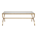 Elegant crescent coffee table featuring hand-forged iron in antique gold with tempered glass top, ideal for modern living rooms.