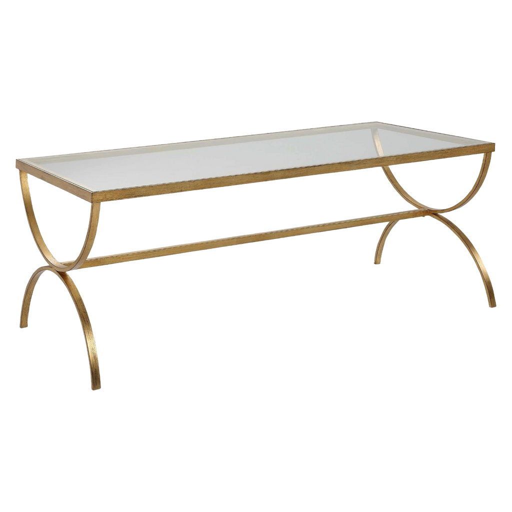 Elegant crescent coffee table featuring hand-forged iron in antique gold with tempered glass top, ideal for modern living rooms.