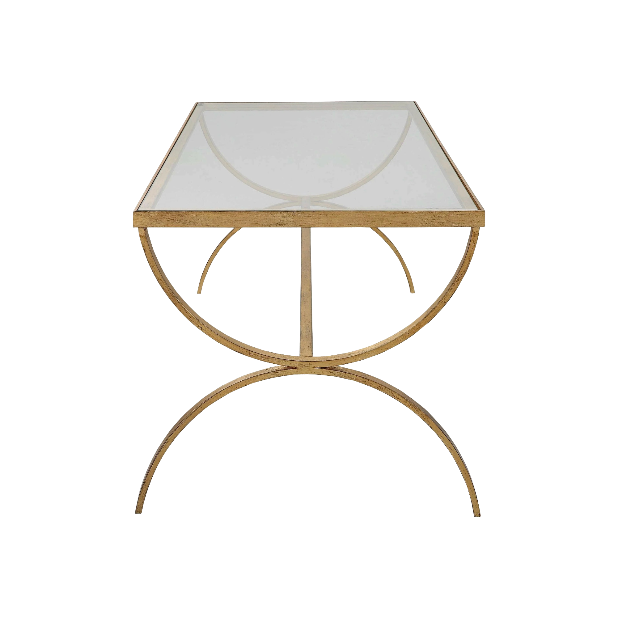 Elegant crescent coffee table featuring hand-forged iron in antique gold with tempered glass top, ideal for modern living rooms.