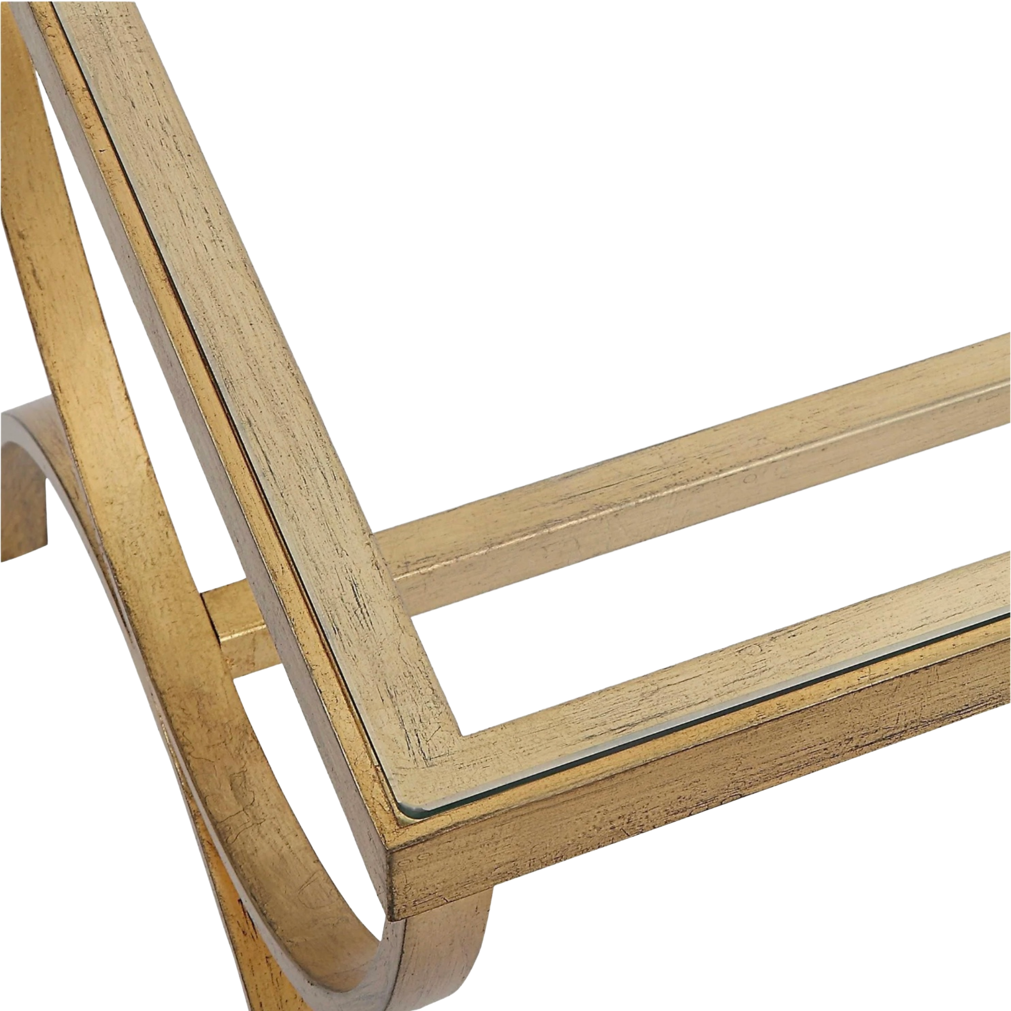 Close up of the Elegant crescent coffee table featuring hand-forged iron in antique gold with tempered glass top, ideal for modern living rooms.