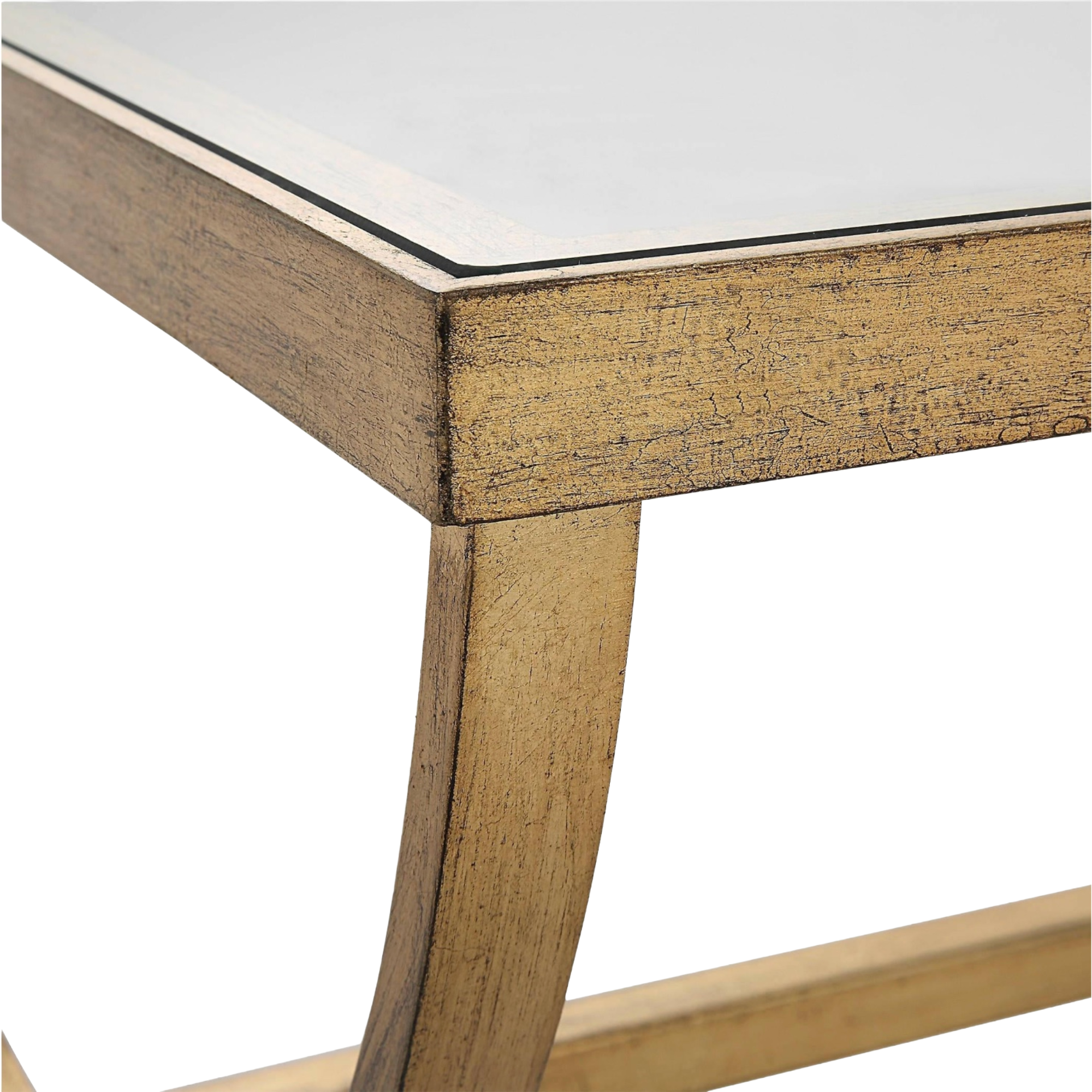 Close up elegant crescent coffee table featuring hand-forged iron in antique gold with tempered glass top, ideal for modern living rooms.