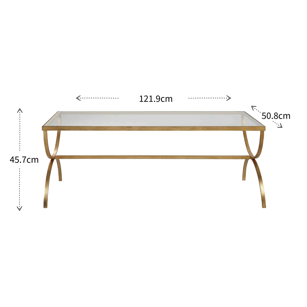 Gold coffee table with dimensions labeled on a white background