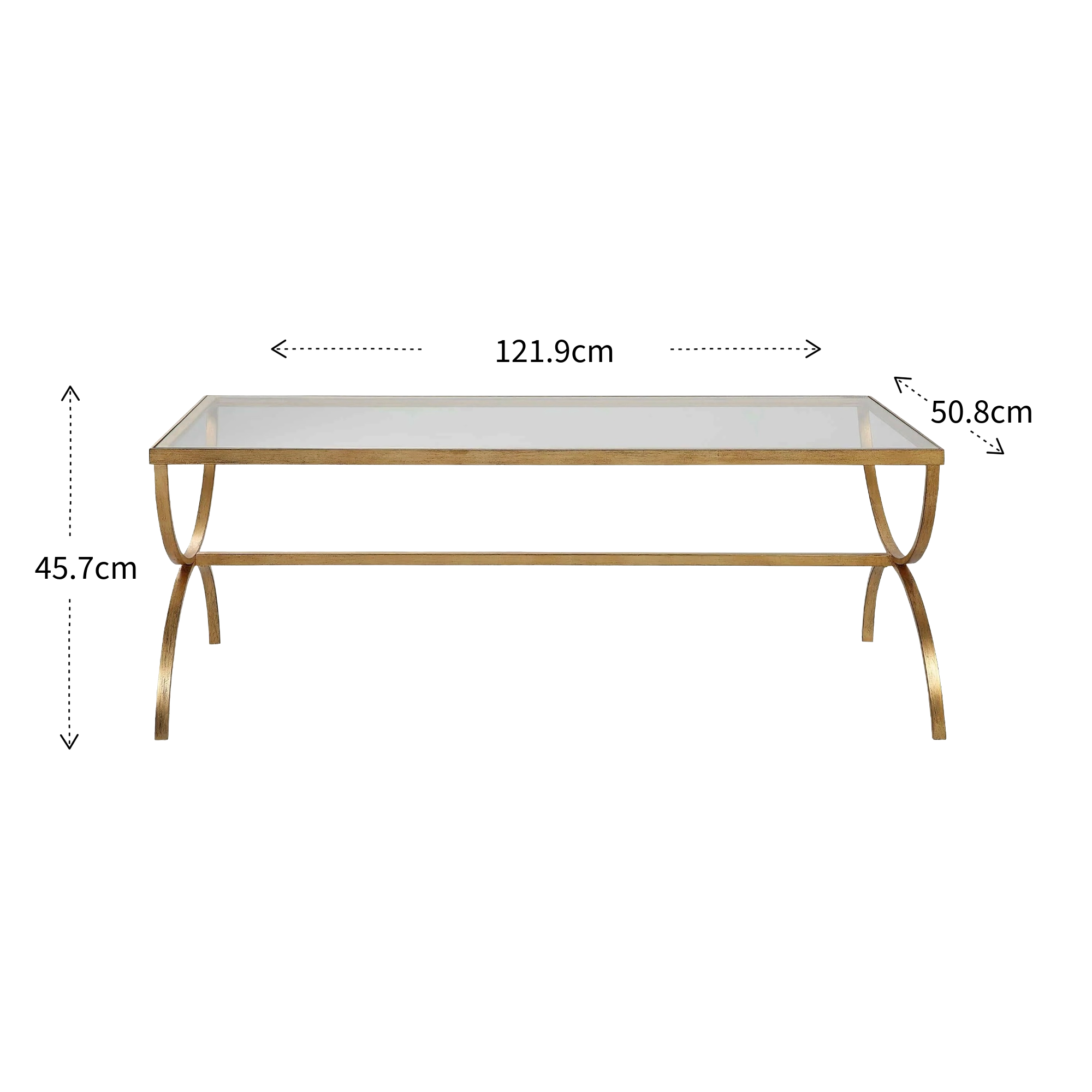 Gold coffee table with dimensions labeled on a white background