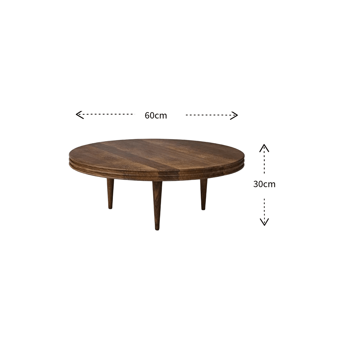 A round dark brown wooden coffee table with three tapered legs, shown with dimension arrows indicating a diameter of 60cm and a height of 30cm on a plain white background.