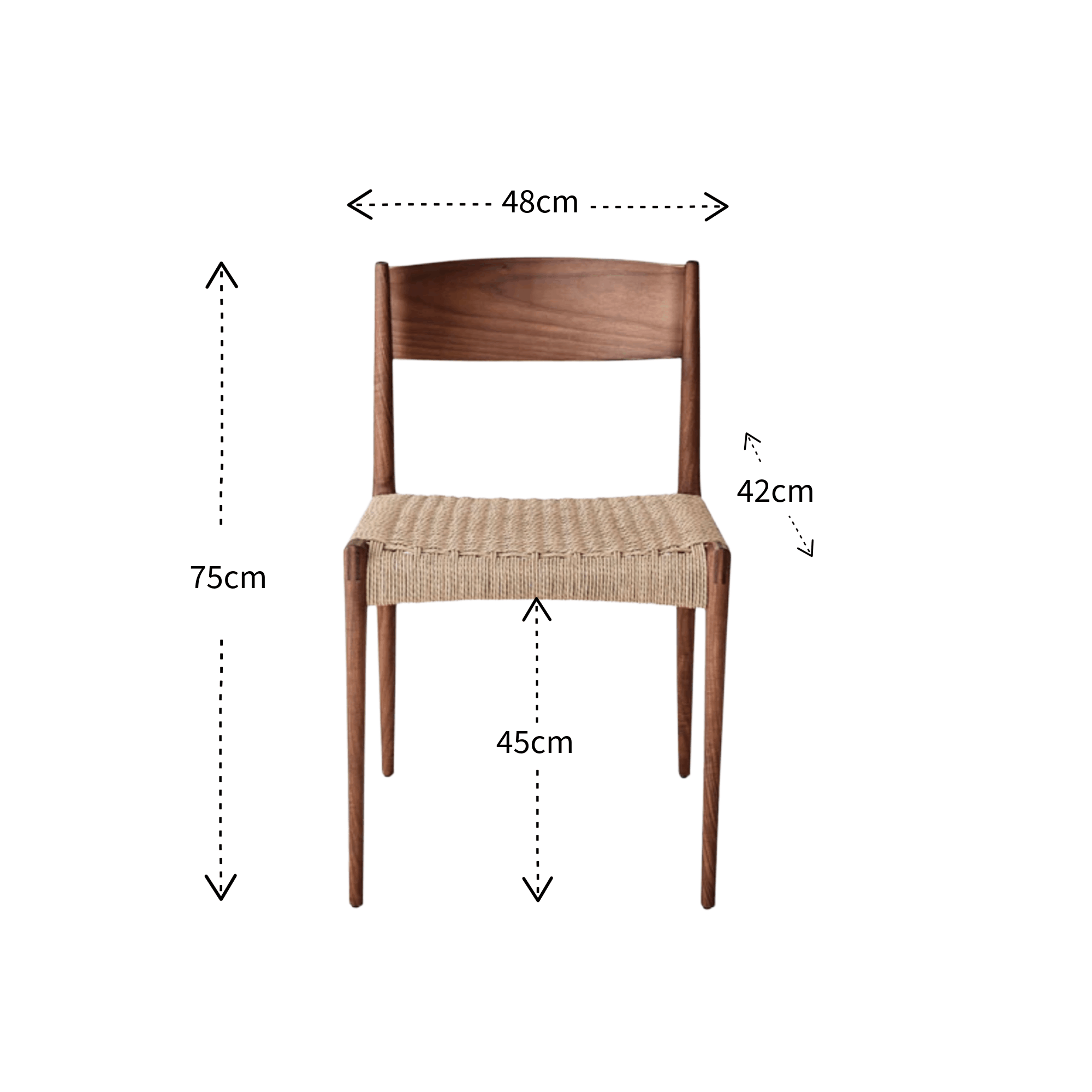 Wooden chair with dimensions labeled on a white background