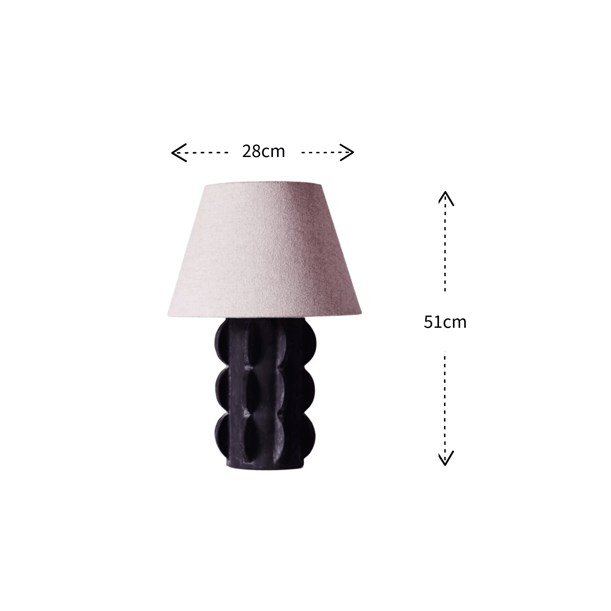 A table lamp with a tapered light beige fabric shade and a dark glossy sculptural base, shown with dimension arrows and labels indicating 28cm width and 51cm height on a white background.