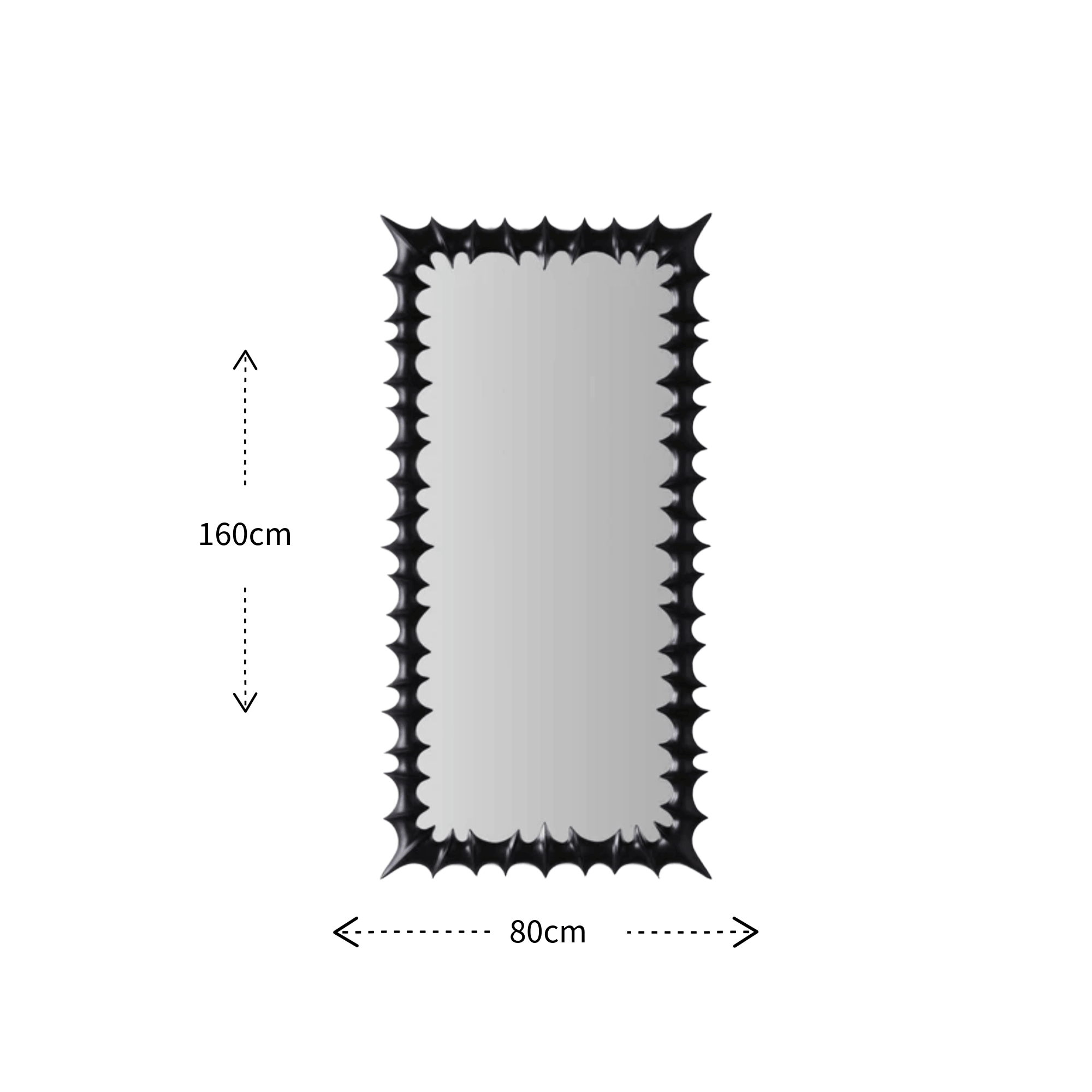 A rectangular wall mirror with a black spiky, jagged border, shown with dimension arrows indicating a height of 160cm and a width of 80cm on a plain white background.