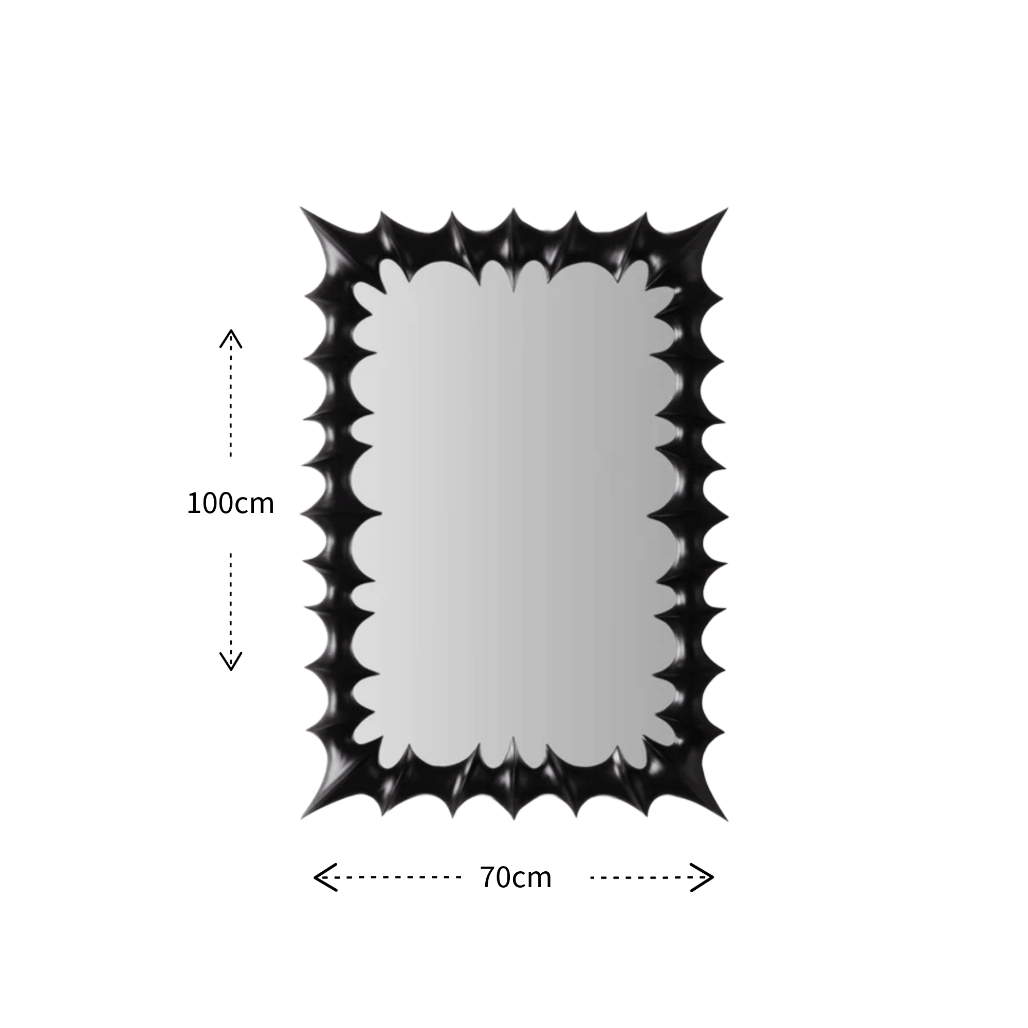 A rectangular wall mirror with a black scalloped, spiked border, shown on a white background with dimension arrows indicating 100 cm height and 70 cm width.
