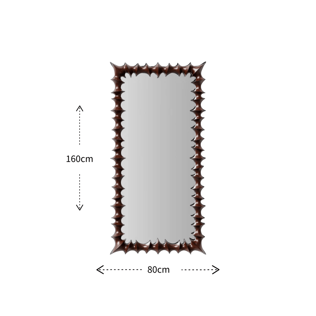 A tall rectangular wall mirror with a dark brown spiked border, shown with dimension arrows and labels indicating 160cm height and 80cm width on a white background.