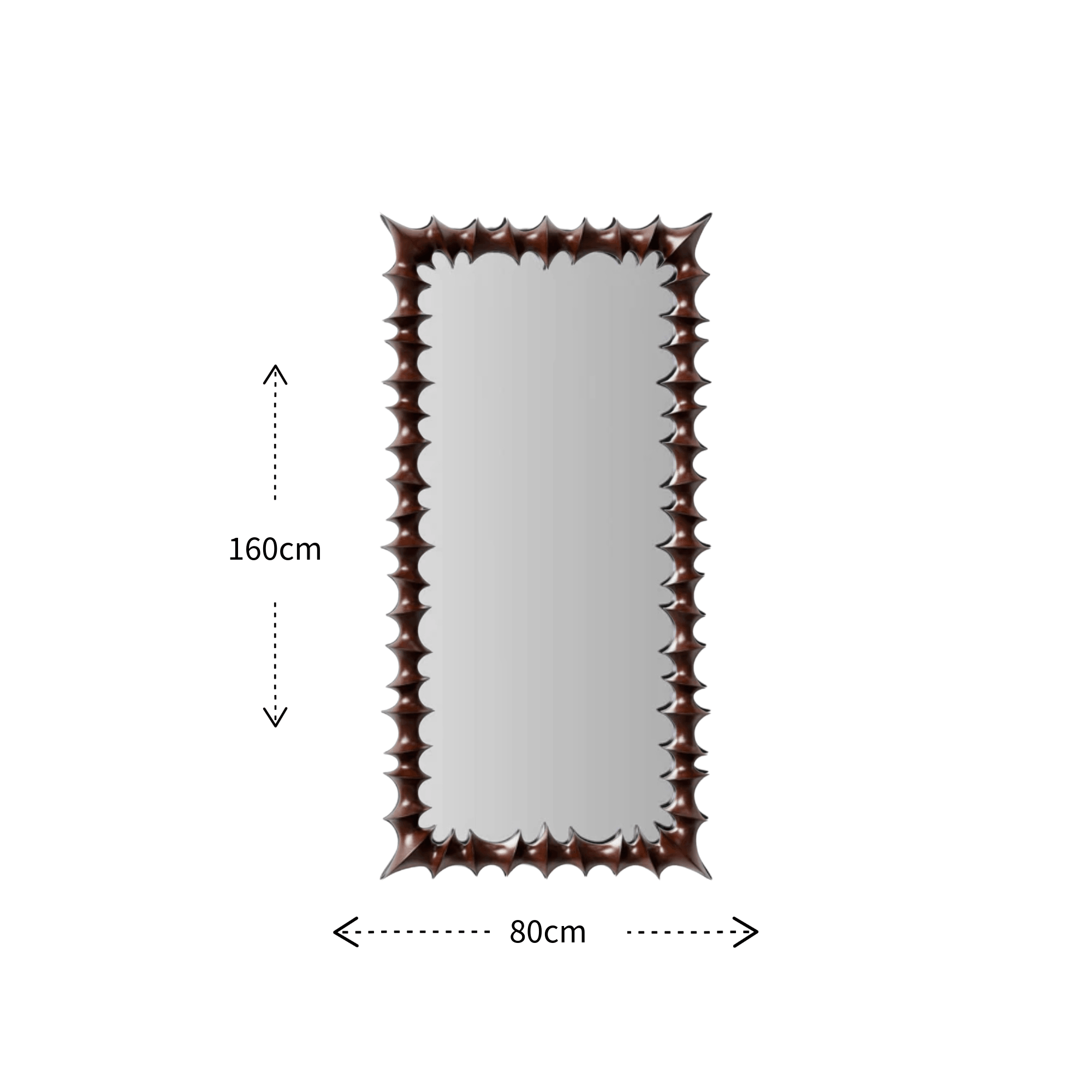 A tall rectangular wall mirror with a dark brown spiked border, shown with dimension arrows and labels indicating 160cm height and 80cm width on a white background.