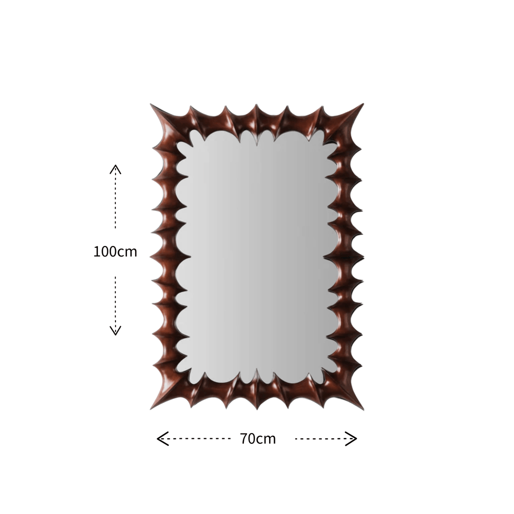 A rectangular wall mirror with a dark brown, spiky, starburst-style frame, shown with dimension annotations indicating a height of 100cm and a width of 70cm on a plain white background.