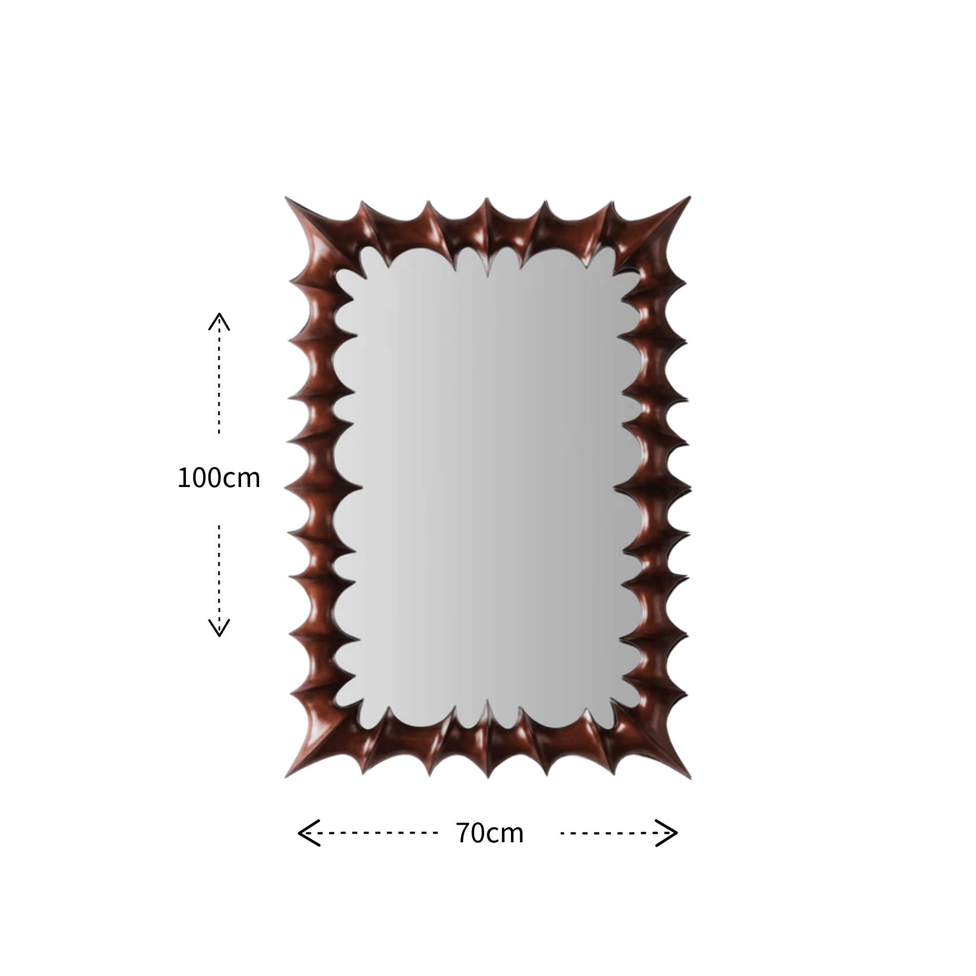 A rectangular wall mirror with a dark brown, spiky, starburst-style frame, shown with dimension annotations indicating a height of 100cm and a width of 70cm on a plain white background.