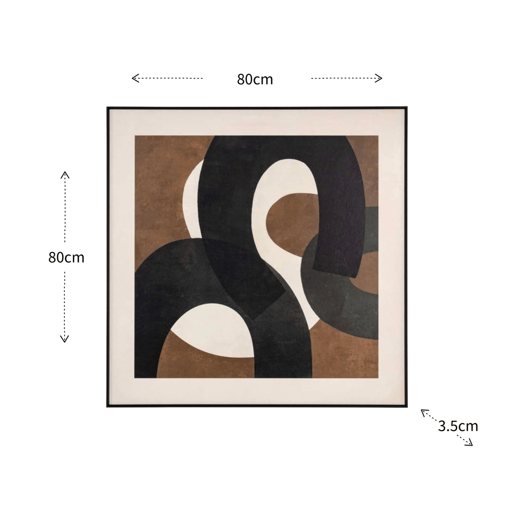 Framed abstract art with dimensions on a white background