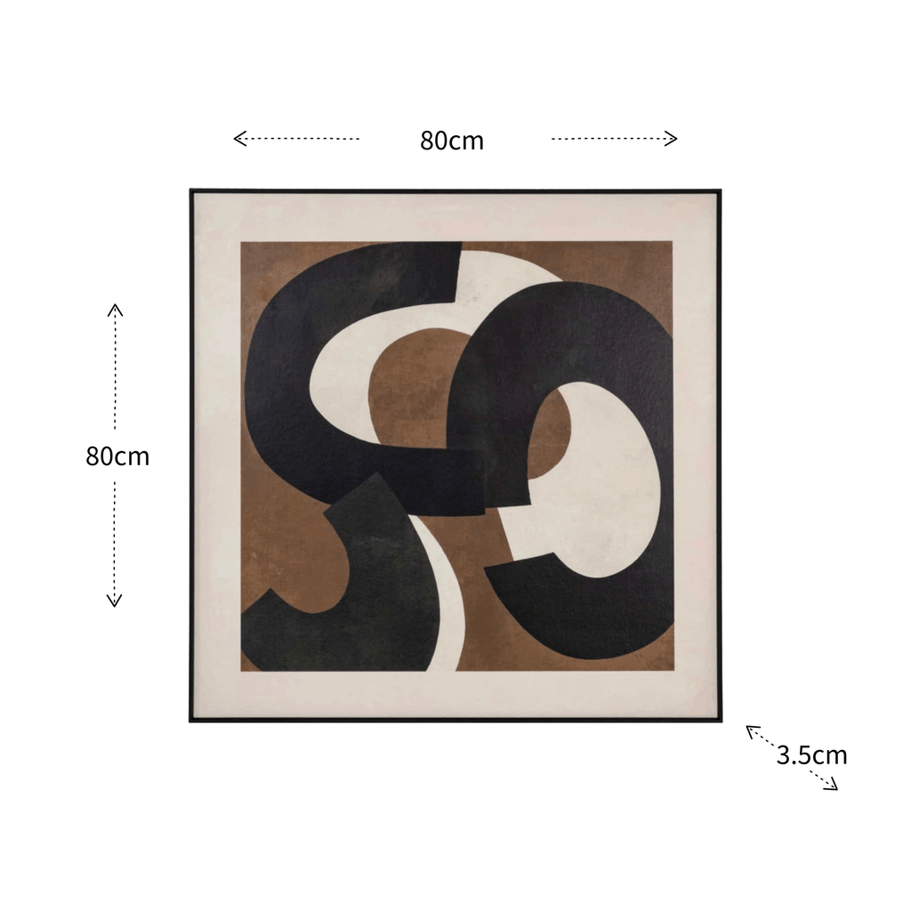 Framed abstract art with dimensions indicated on a white background