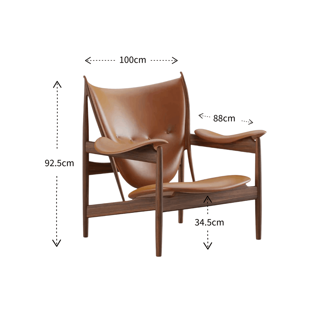 Brown leather chair with dimensions labeled on a white background