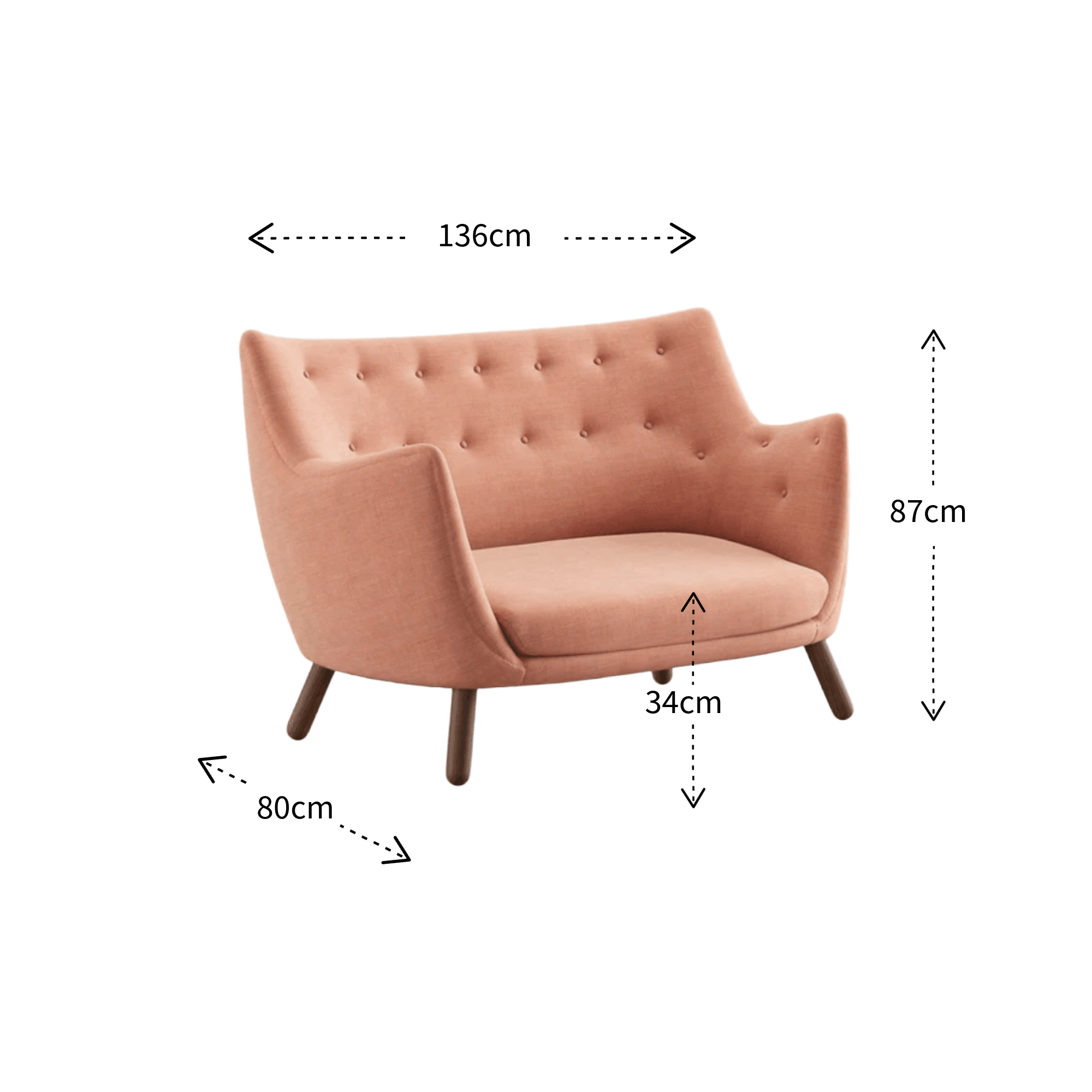 A dusty pink tufted armchair with dark wooden legs, shown with dimension arrows and labels indicating its width of 80cm, height of 87cm, backrest depth of 136cm, and seat depth of 34cm on a white background.