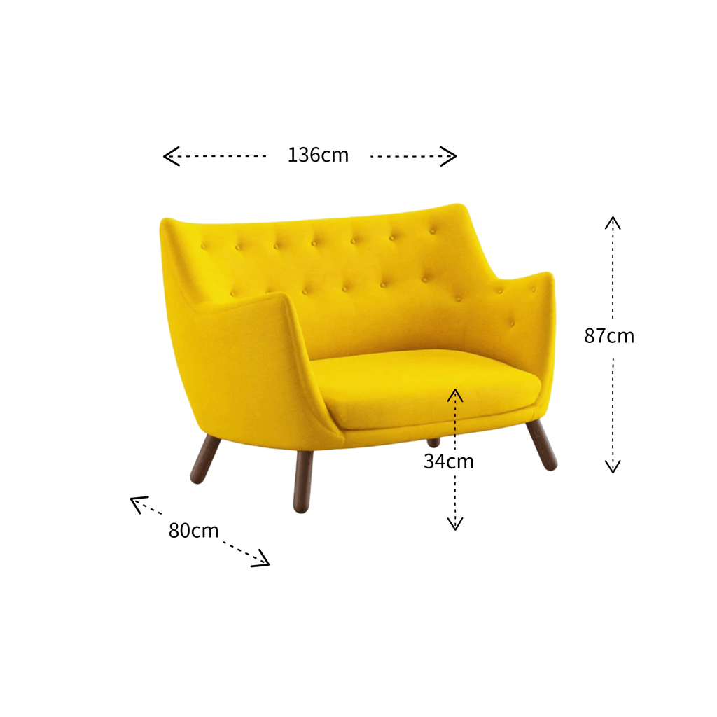 Yellow tufted armchair with wooden legs, shown with dimension arrows and labels indicating width 80cm, height 87cm, and depth 34cm, on a white background.