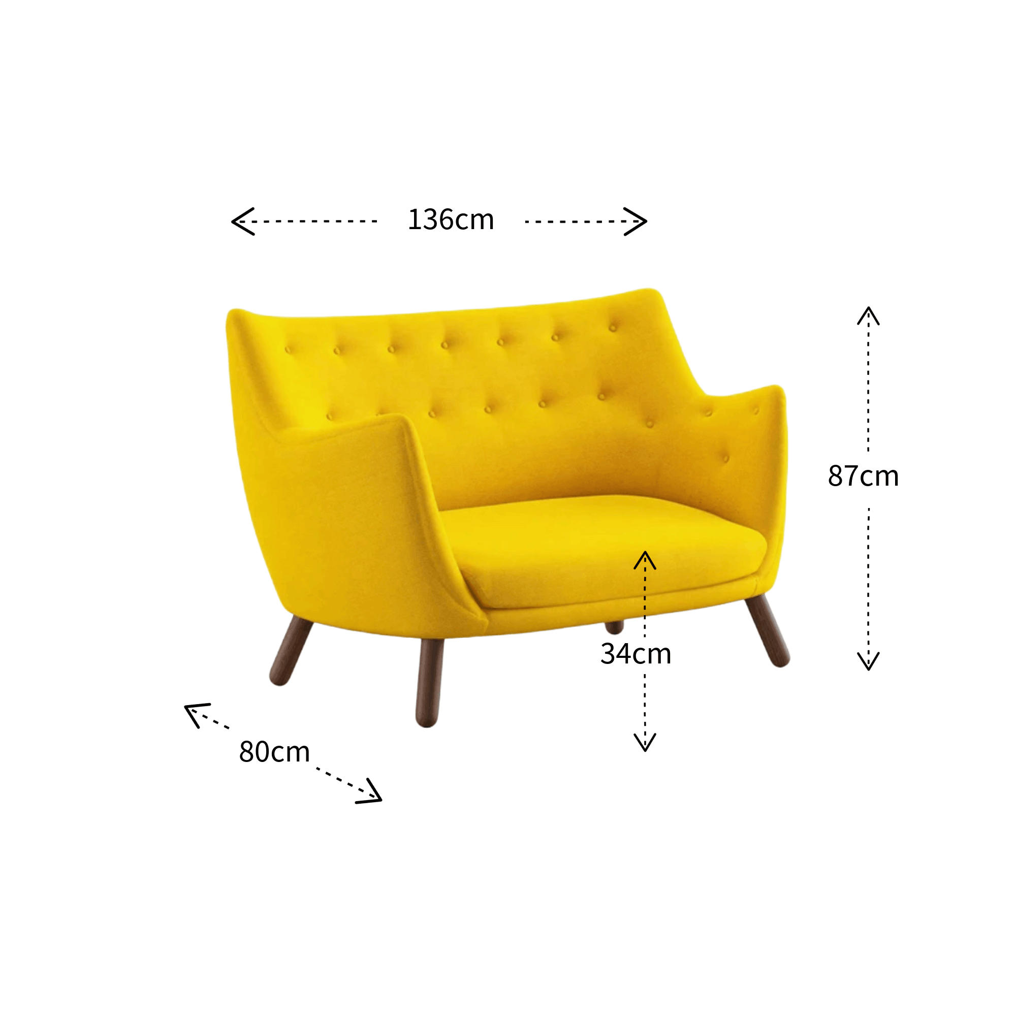 Yellow tufted armchair with wooden legs, shown with dimension arrows and labels indicating width 80cm, height 87cm, and depth 34cm, on a white background.