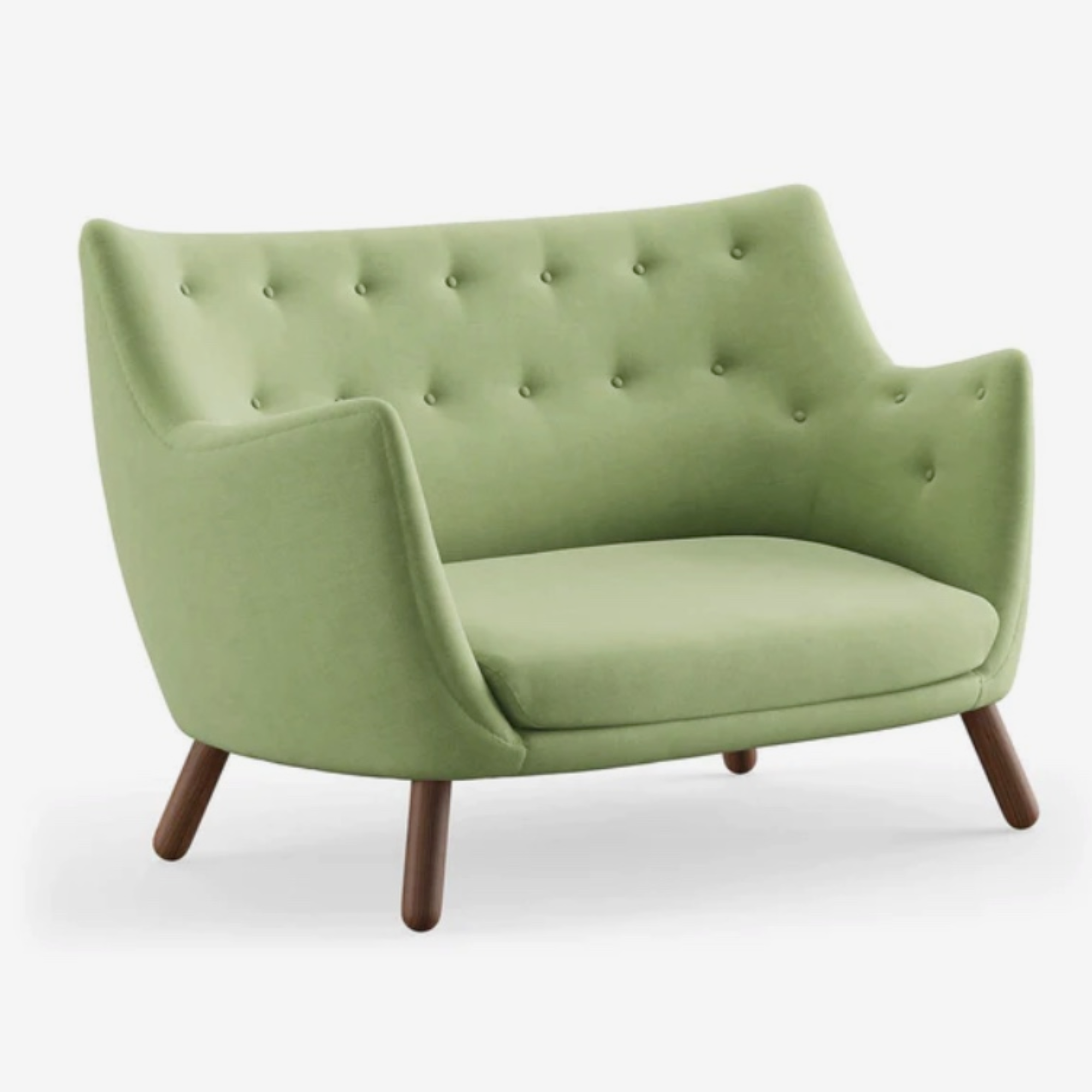 The Finn Juhl Poet Sofa in Walnut combines sculptural Danish design, luxurious upholstery and exceptional craftsmanship in an iconic two-seater sofa.