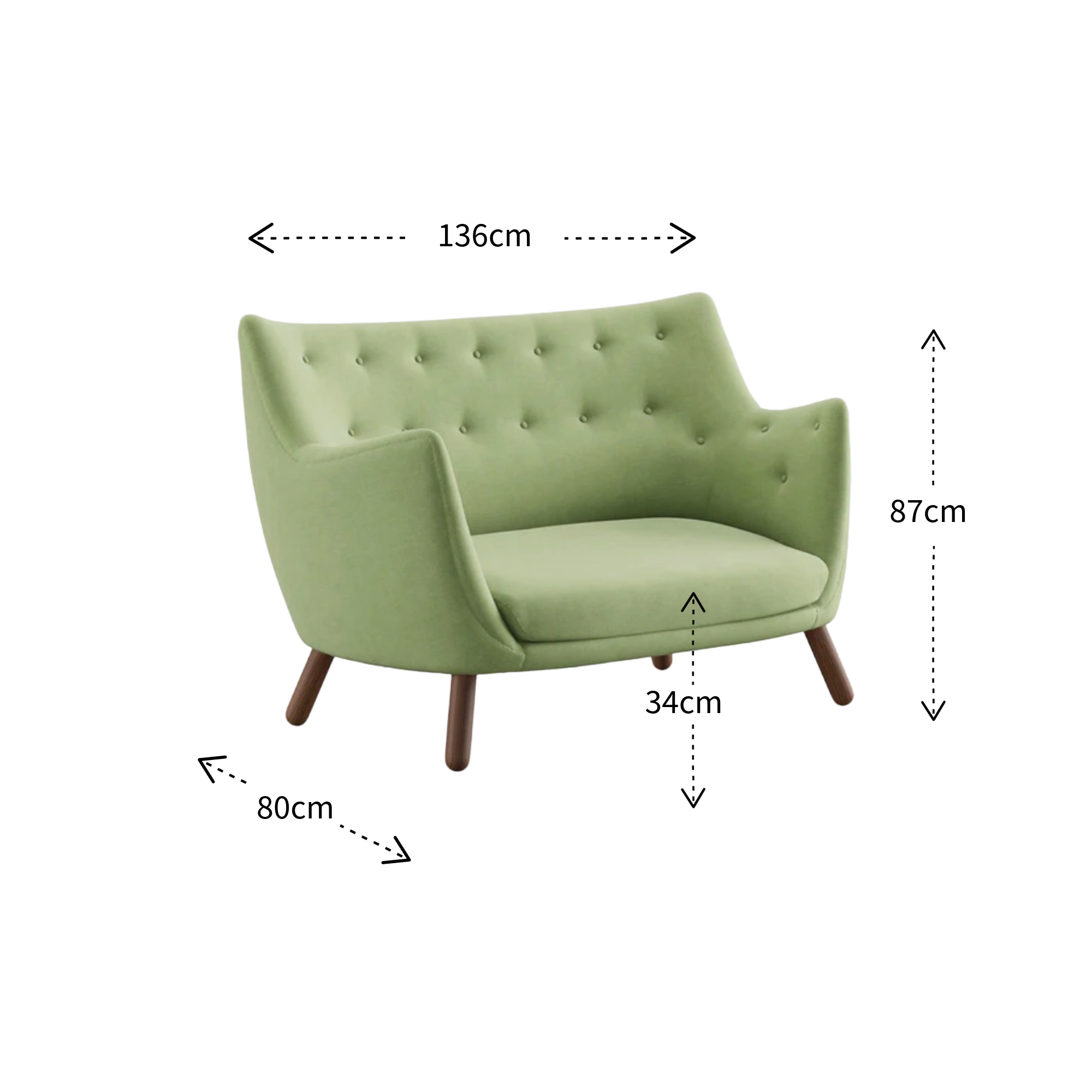 A light green tufted armchair with dark wooden legs, shown with dimension arrows and labels indicating width 136cm, height 87cm, depth 34cm, and leg width 80cm on a white background.