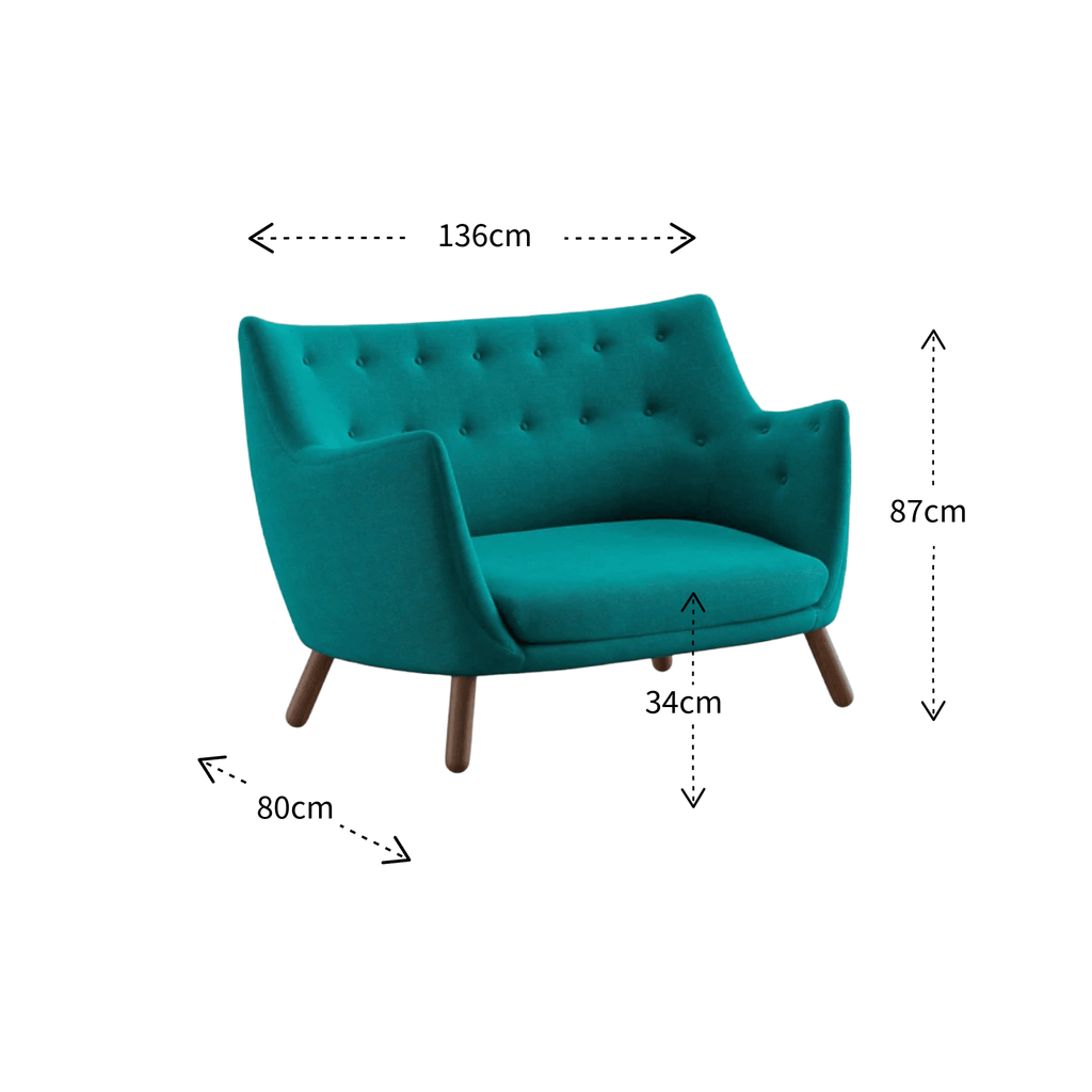 A teal upholstered armchair with wooden legs on a white background, overlaid with dimension arrows and labels showing width 136cm, height 87cm, and depth 34cm, plus a 80cm dimension near the base.