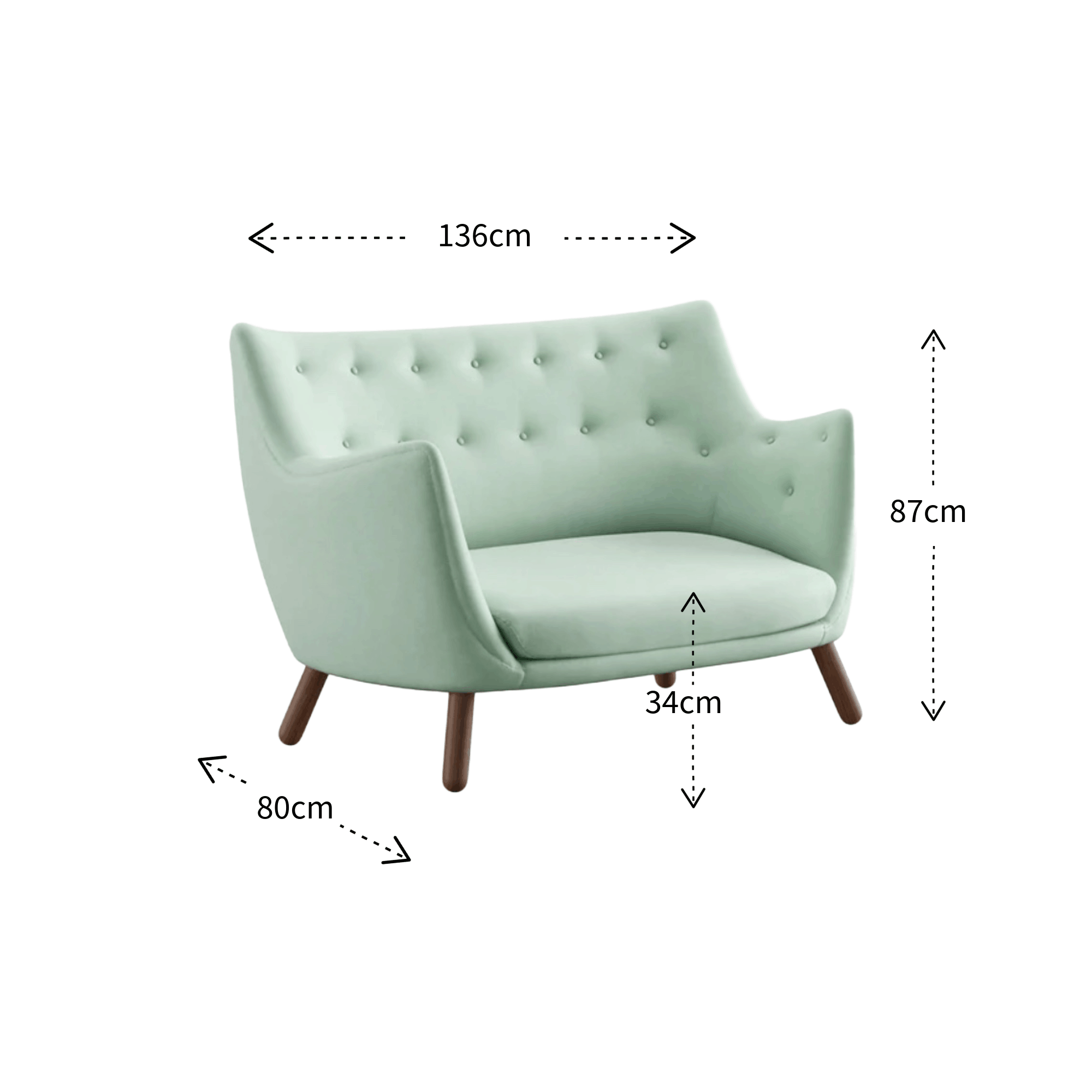 A light mint green tufted armchair with dark wooden legs, shown with dimension arrows and labels indicating width 136cm, height 87cm, and leg depth 34cm, plus a side width of 80cm, on a plain white background.