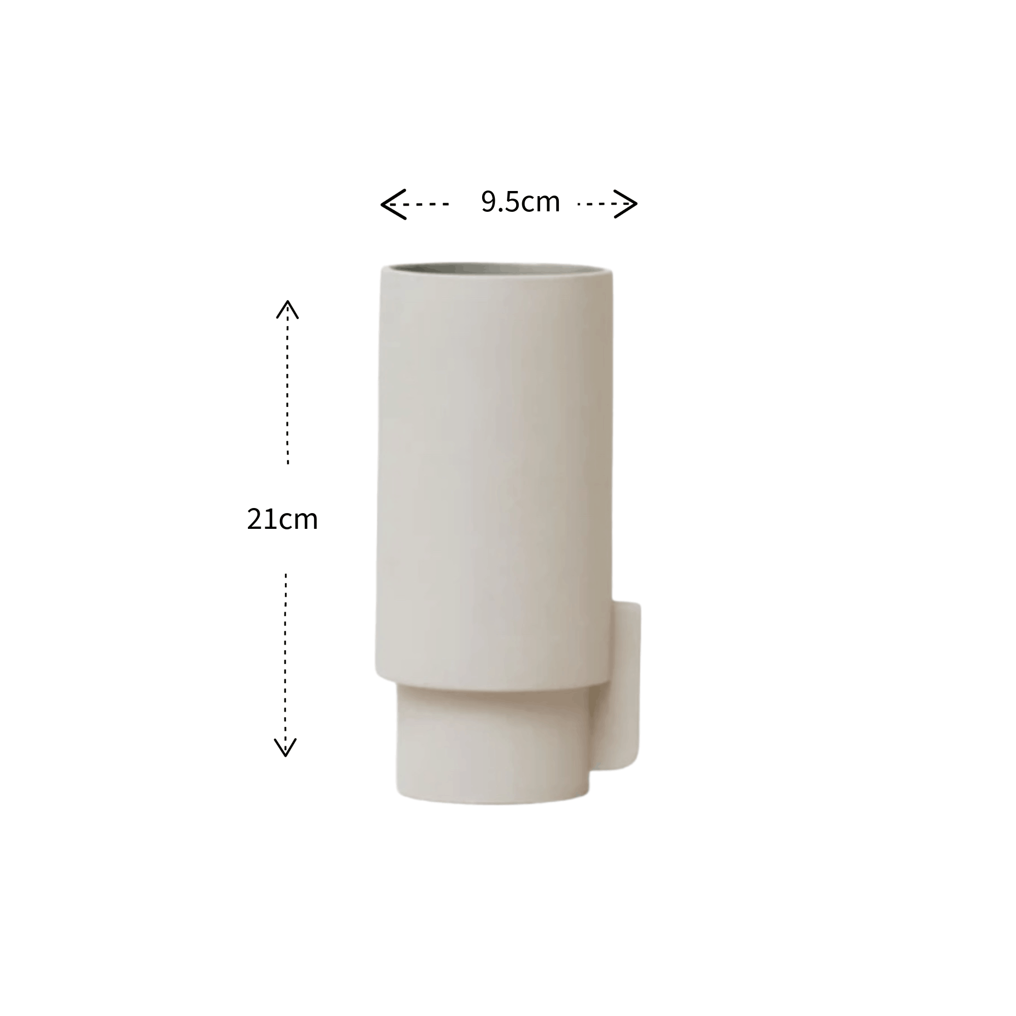 A minimalist cylindrical vas in a warm off-white tone, shown with dimension arrows indicating a height of 21cm and a width of 9.5cm against a plain white background.