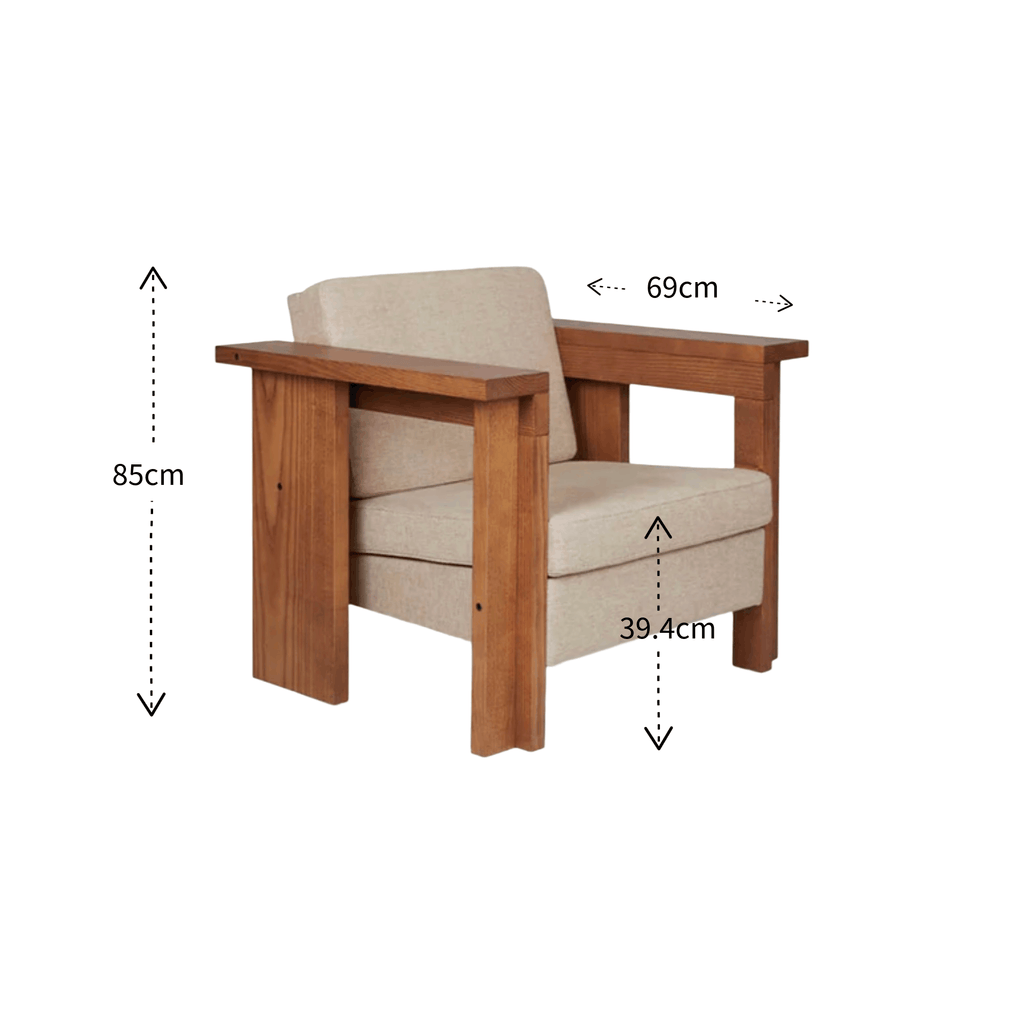 Wooden armchair with beige cushion and dimensions labeled on a white background