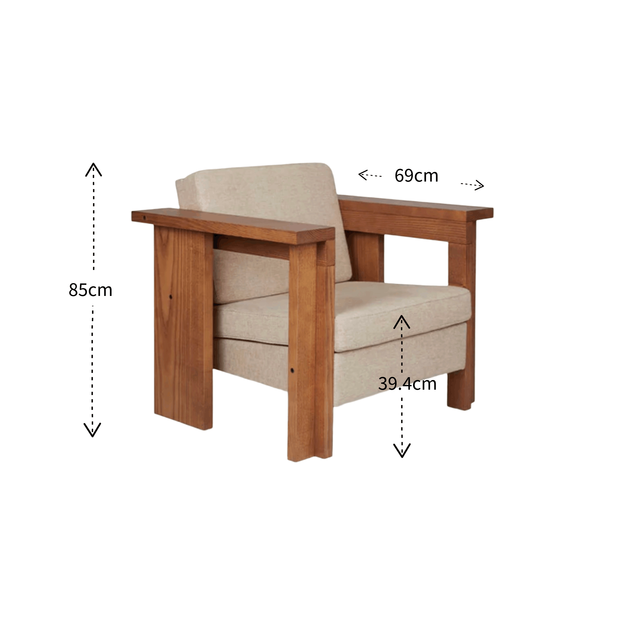 Wooden armchair with beige cushion and dimensions labeled on a white background
