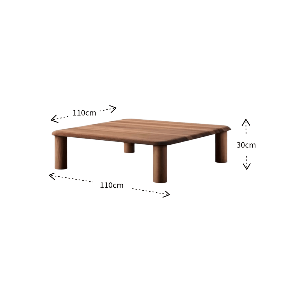 A wooden low table shown on a white background with dimension arrows and labels indicating 110 cm width, 110 cm depth, and 30 cm height.