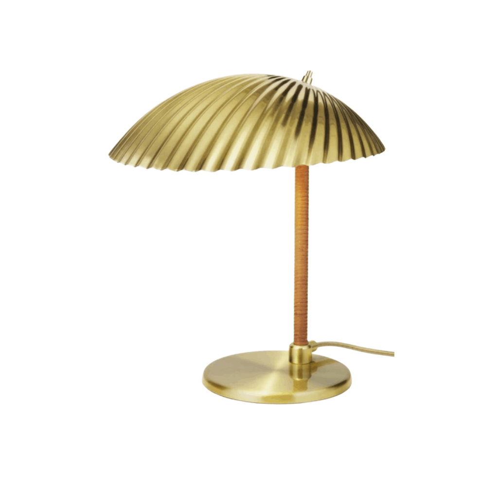 GUBI 5321 Table Lamp by Paavo Tynell with sculptural brass seashell shade and elegant Scandinavian design.