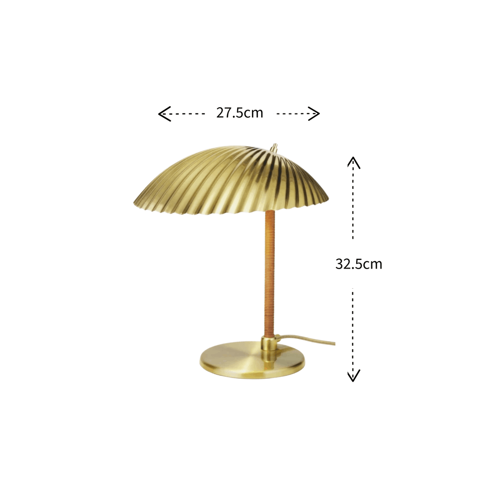 A brass table lamp with a pleated dome shade, a slender brass stem, and a round base, shown on a white background with dimension arrows and labels indicating 27.5cm width and 32.