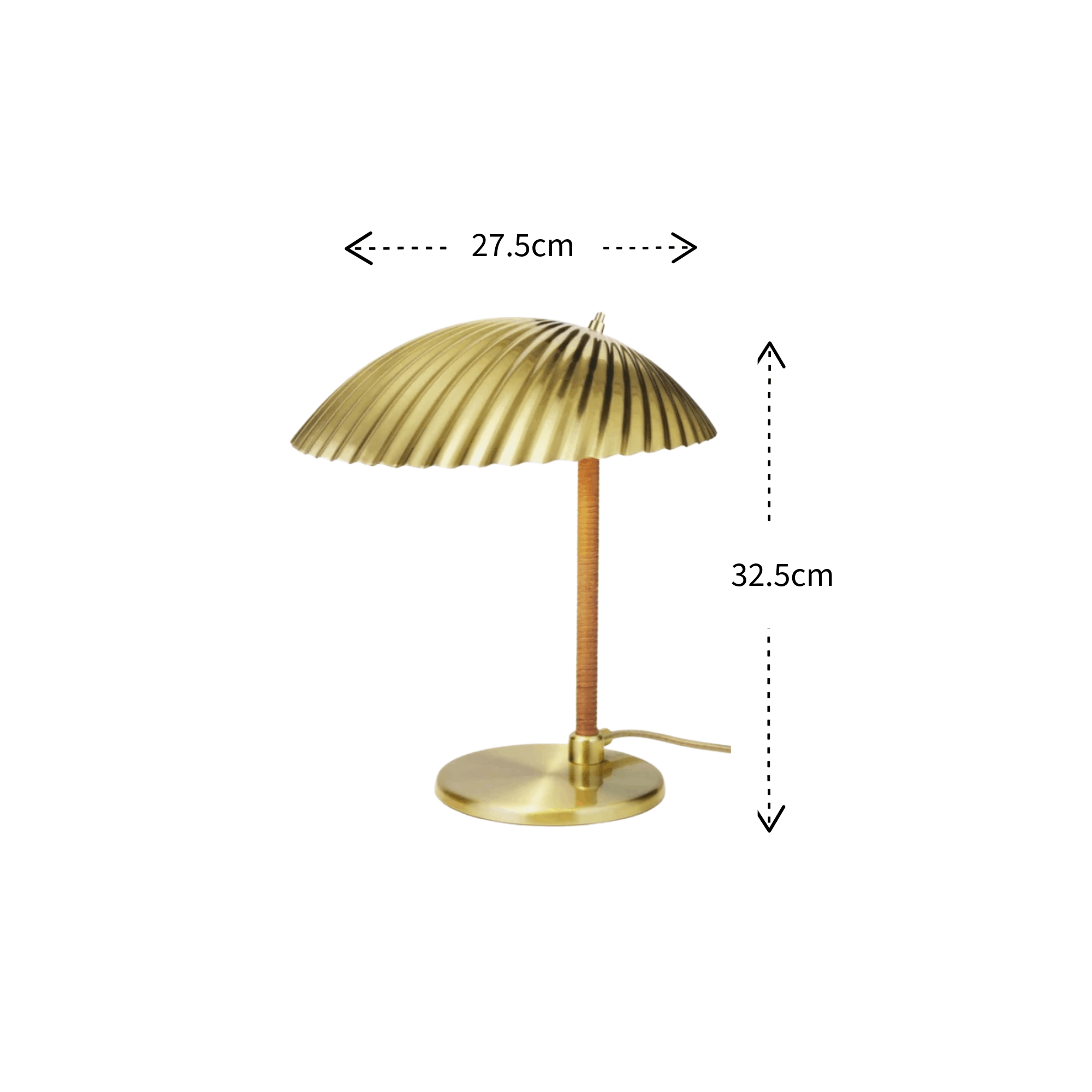 A brass table lamp with a pleated dome shade, a slender brass stem, and a round base, shown on a white background with dimension arrows and labels indicating 27.5cm width and 32.