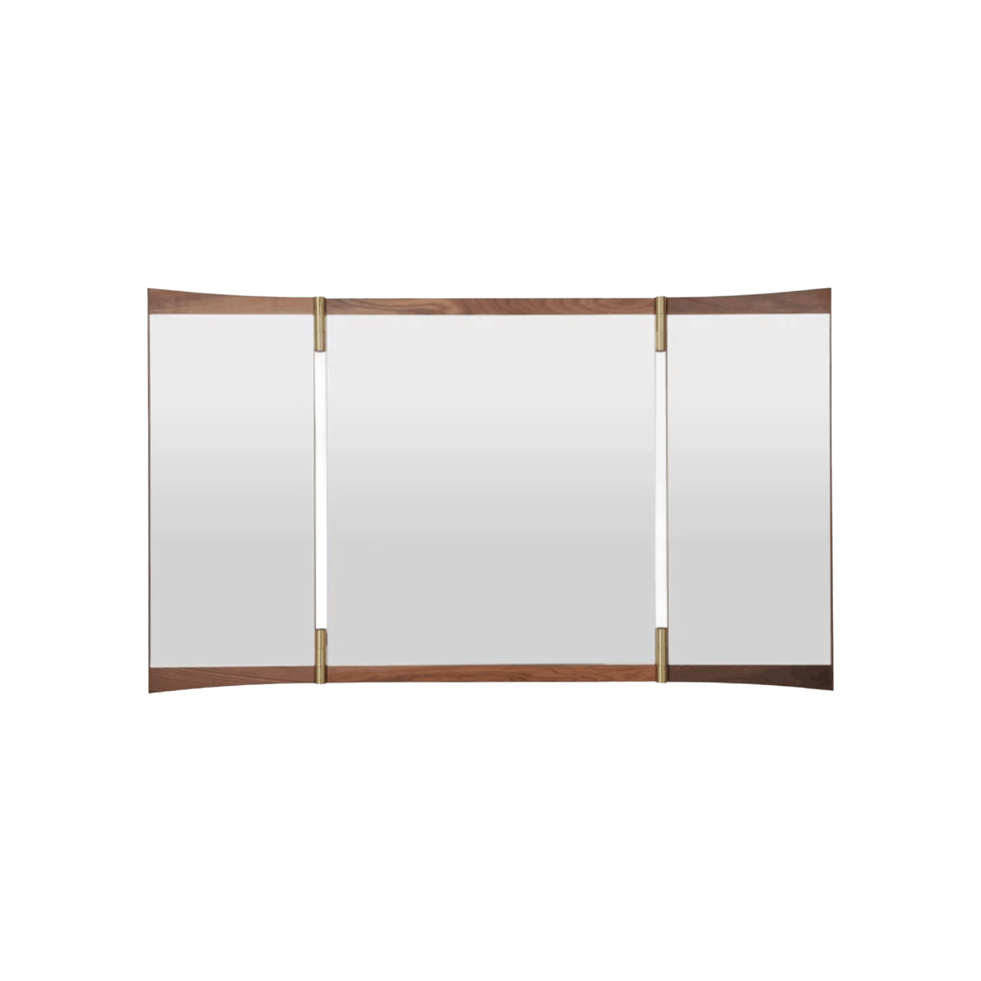 The GUBI Vanity Wall Mirror – Triple Mirror by GamFratesi combines walnut veneer, solid brass hinges and adjustable mirror panels in a beautifully sculptural Scandinavian design.