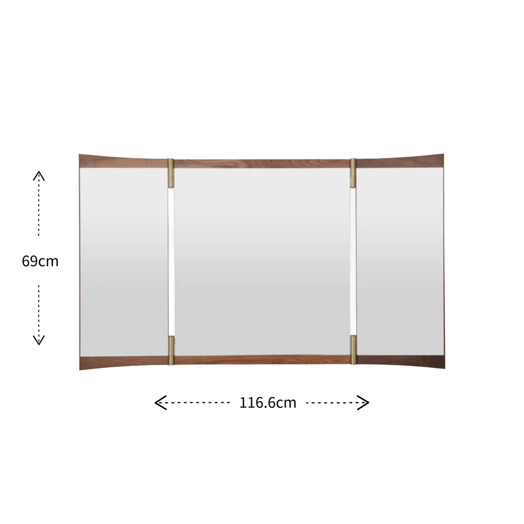 A three-panel folding mirror with a medium brown wood frame and brass-toned hinges, shown with dimension markings of 69cm height and 116.6cm width on a white background.