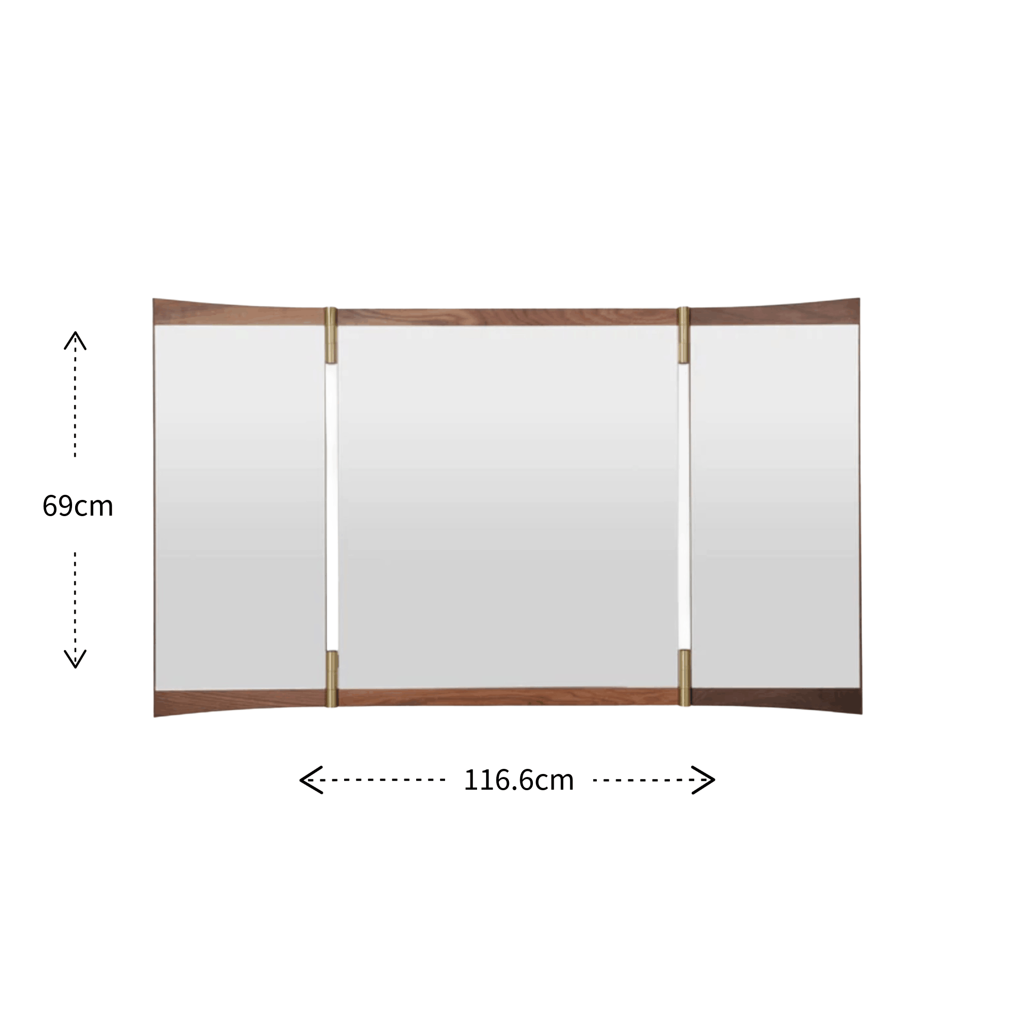 A three-panel folding mirror with a medium brown wood frame and brass-toned hinges, shown with dimension markings of 69cm height and 116.6cm width on a white background.