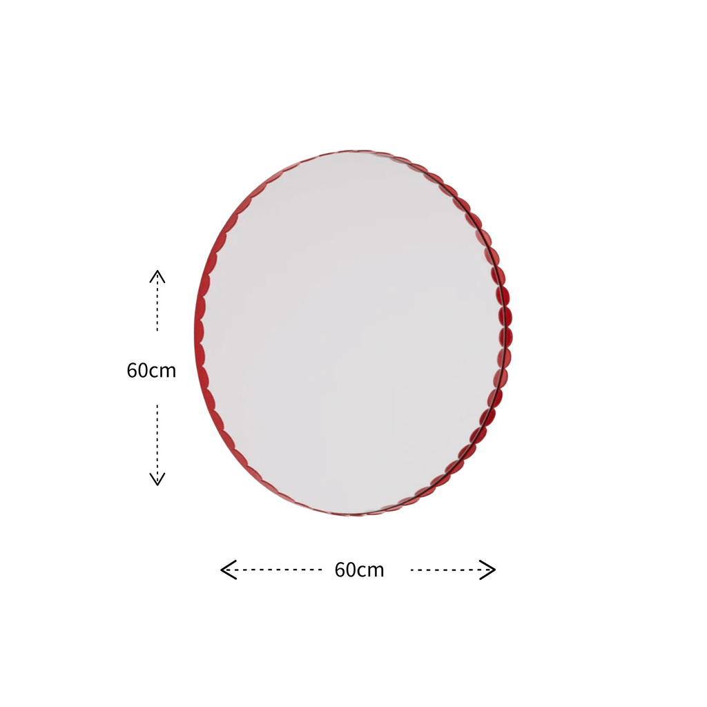 A round wall mirror with a scalloped red frame, shown with dimension arrows and labels indicating a 60cm diameter.