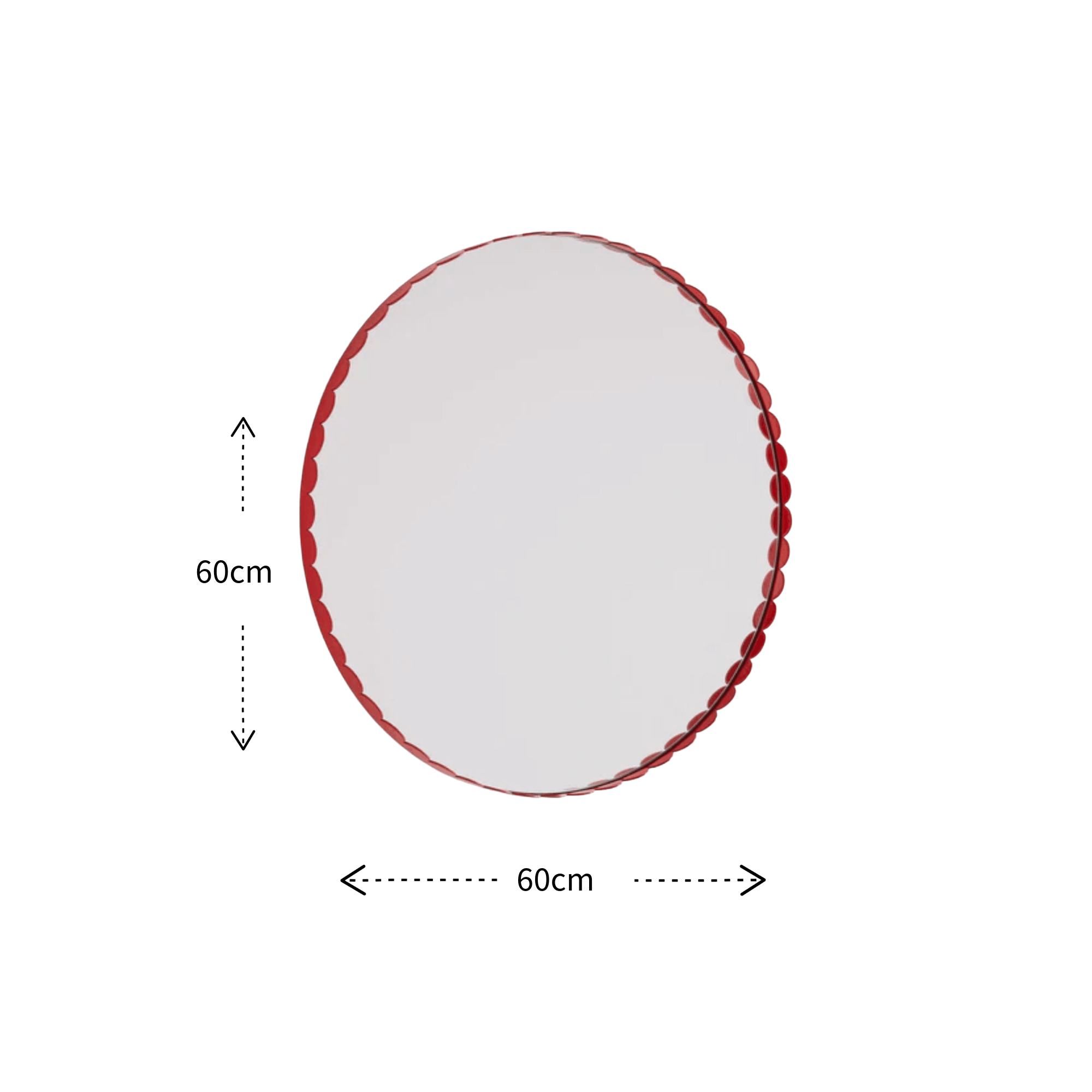 A round wall mirror with a scalloped red frame, shown with dimension arrows and labels indicating a 60cm diameter.