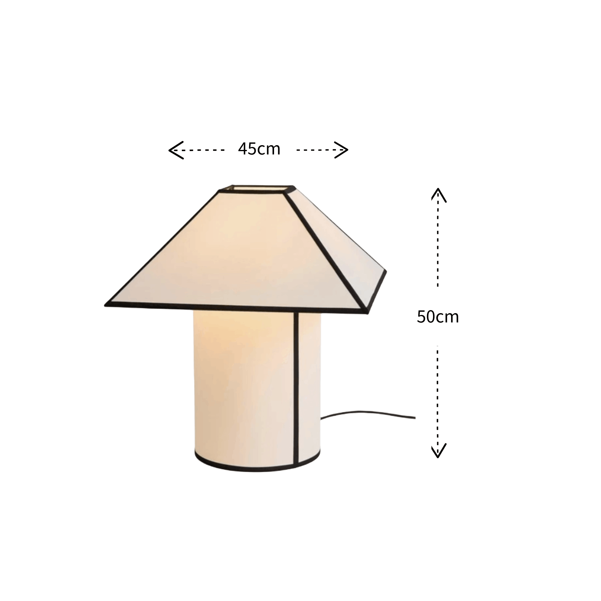 A table lamp with a tapered shade and cylindrical base, shown on a white background with dimension arrows and labels indicating 45 cm width and 50 cm height.