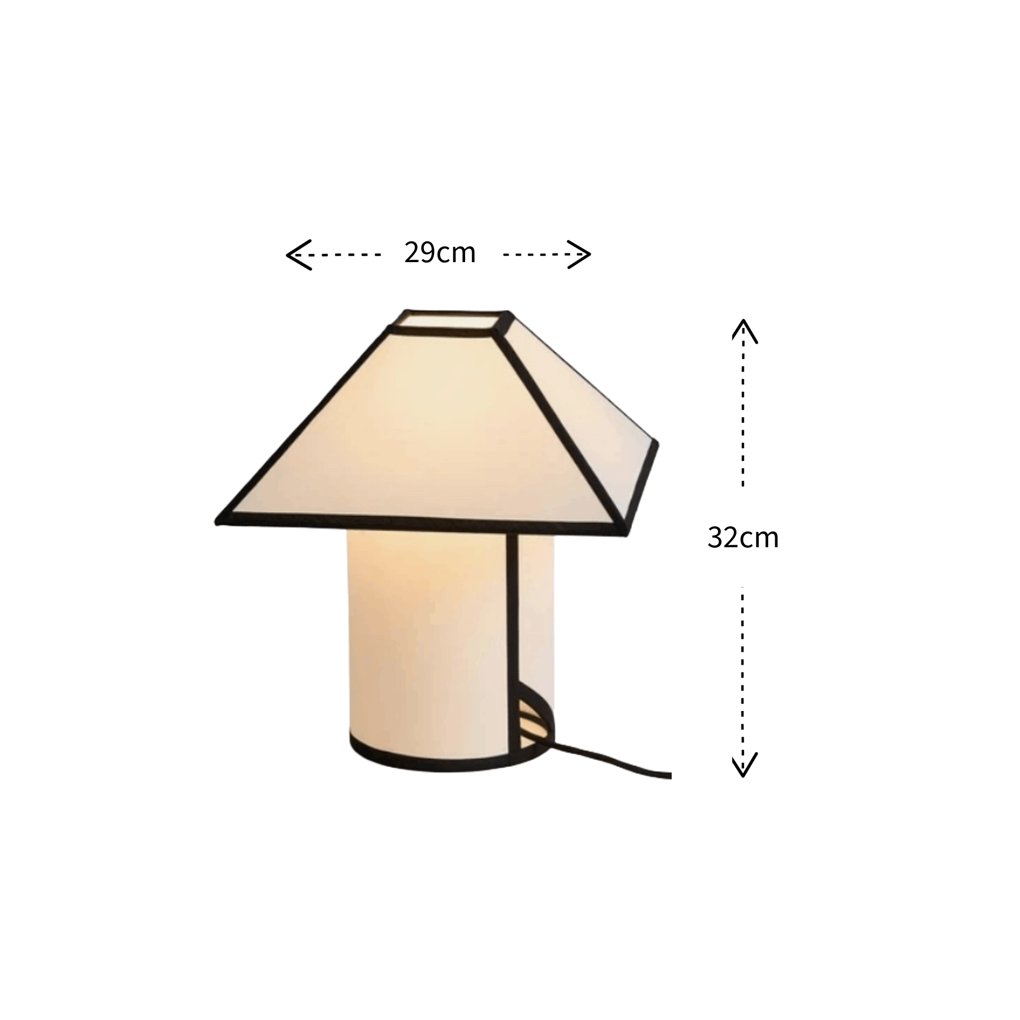A small table lamp with a tapered shade and cylindrical base, shown on a white background with dimension arrows and labels indicating 29 cm width and 32 cm height.