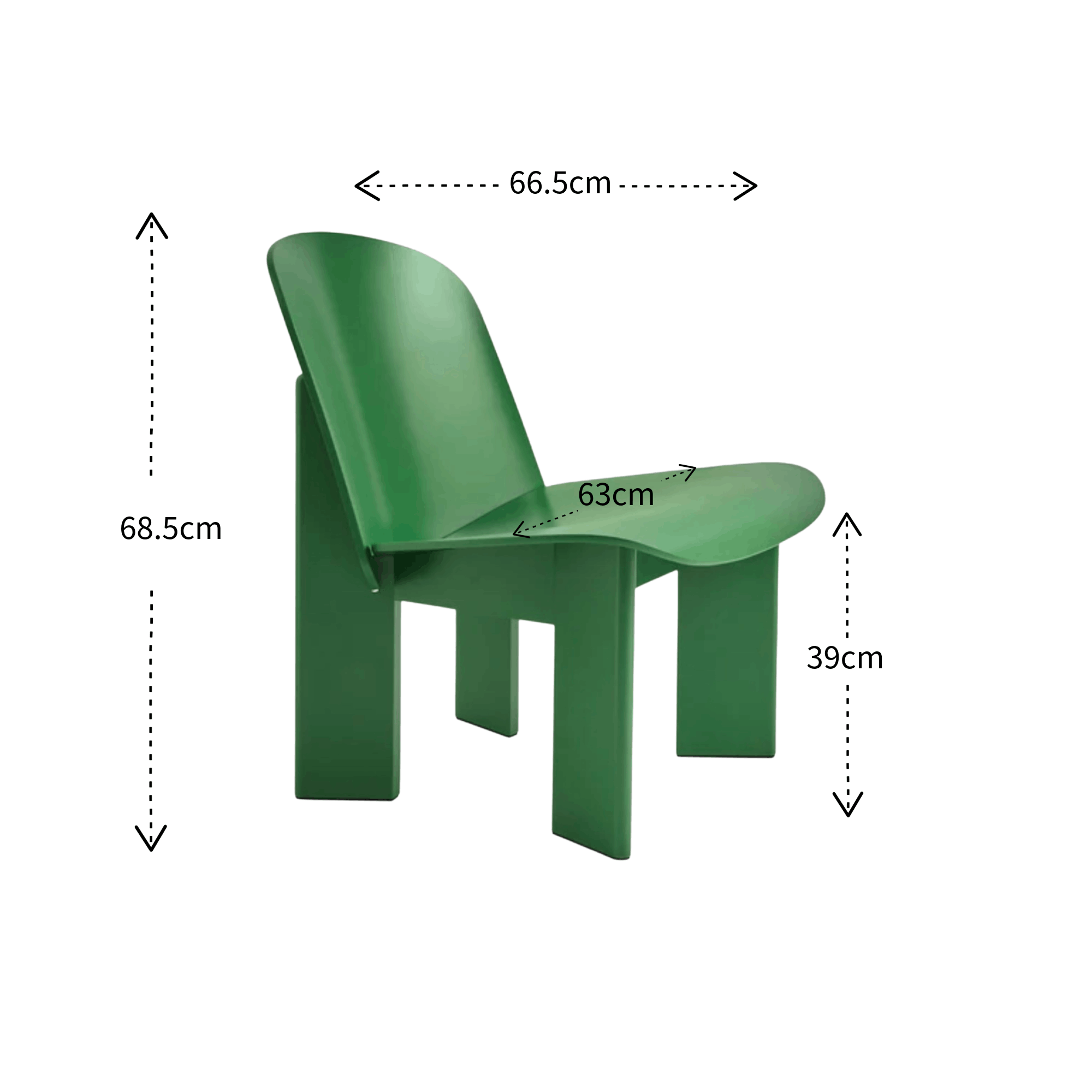 Green chair with dimensions labeled on a white background