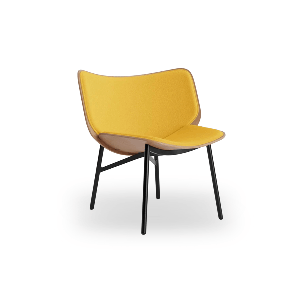 Modern lounge chair in yellow with moulded oak veneer shell, powder-coated steel legs, and ergonomic wraparound backrest by HAY.