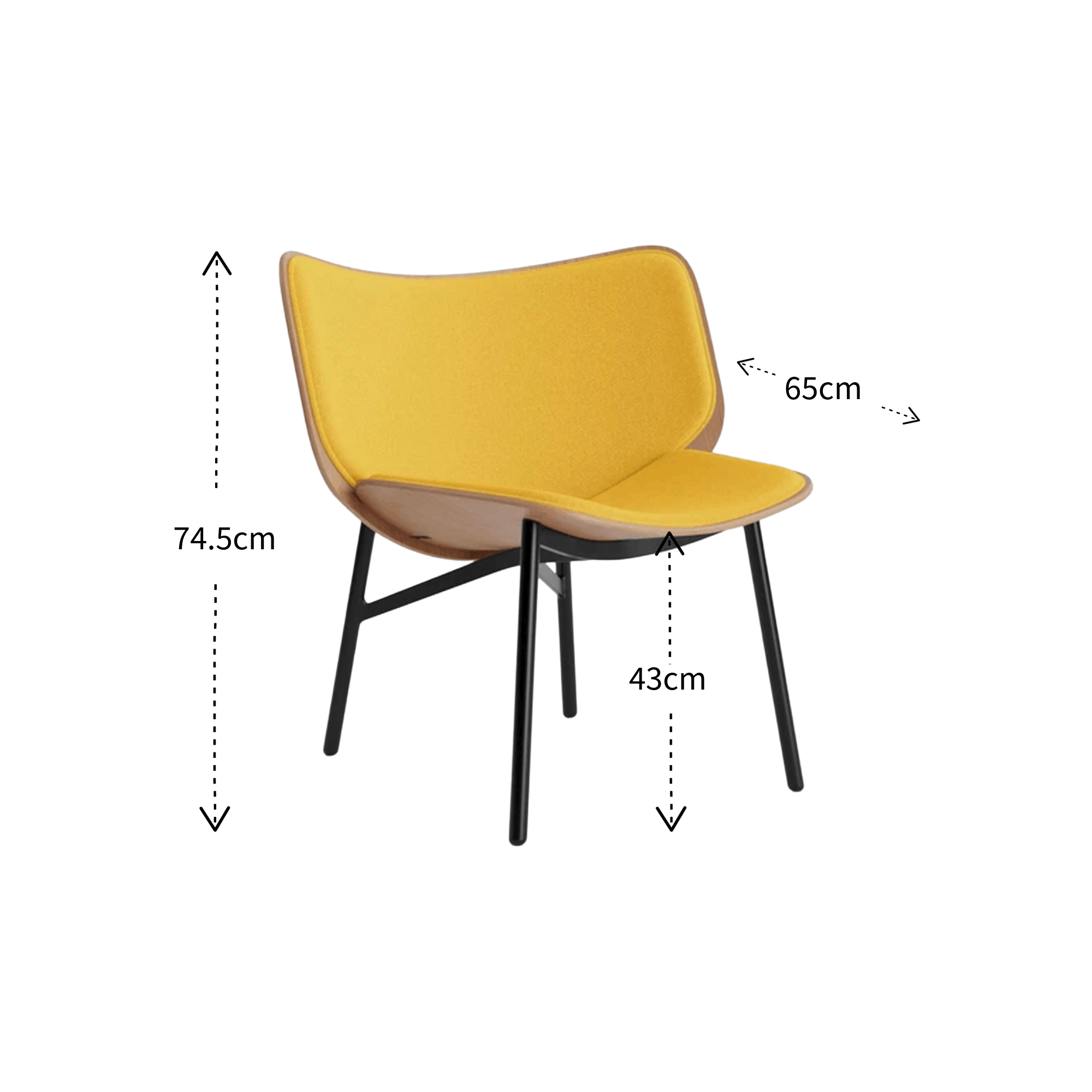Yellow chair with dimensions labeled on a white background