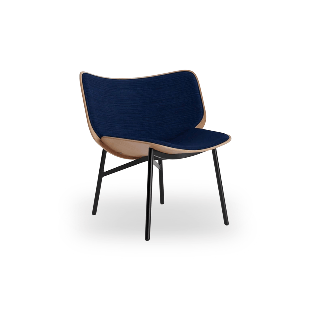 Modern lounge chair in Blue with moulded oak veneer shell, powder-coated steel legs, and ergonomic wraparound backrest by HAY.