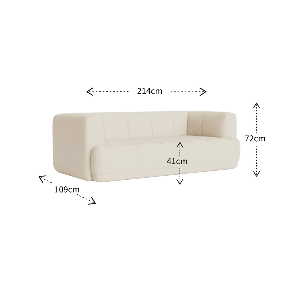 An off-white upholstered sofa shown on a white background with dimension arrows and labels indicating 214 cm length, 72 cm height, and 109 cm depth.