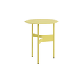 HAY Shim Coffee Table in Custard with round steel top and distinctive three-legged sculptural base.