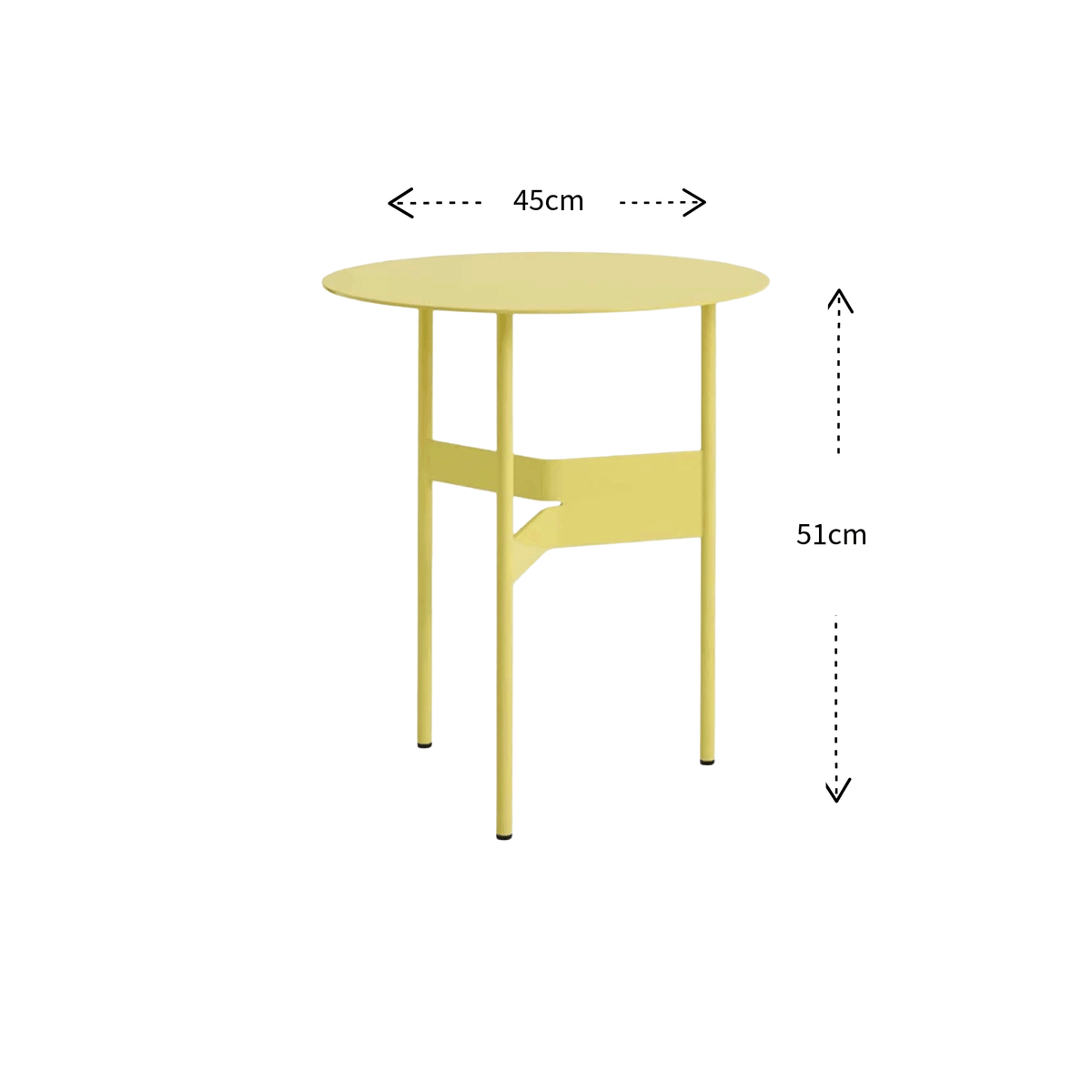 Yellow round side table with dimension annotations showing a diameter of 45cm and a height of 51cm on a white background.