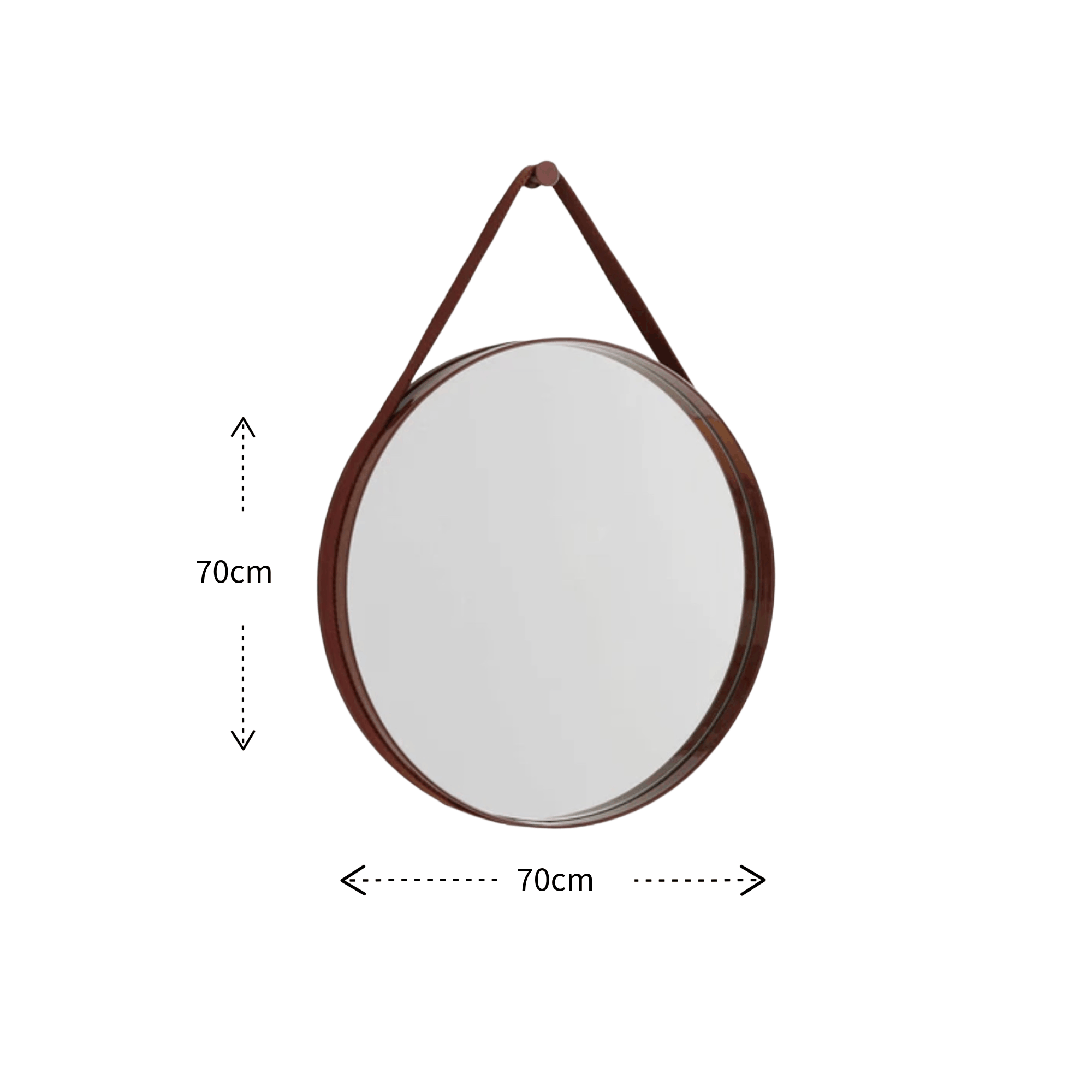 A contemporary round wall mirror by HAY featuring a minimalist steel strap design, perfect for bedrooms, bathrooms, and hallways.