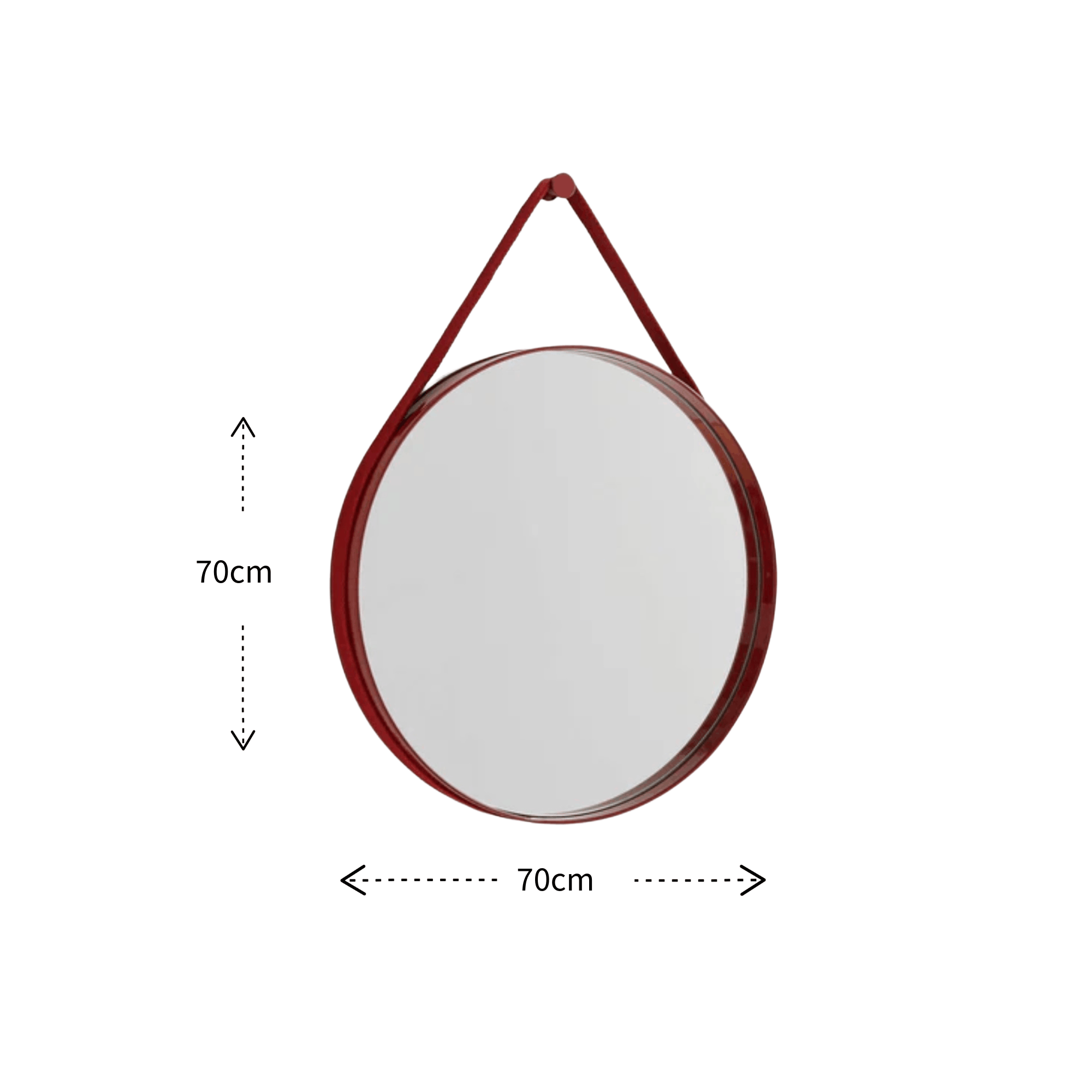 Round wall mirror with a dark red hanging strap and frame, shown on a white background with dimension arrows and labels indicating 70cm height and 70cm width.