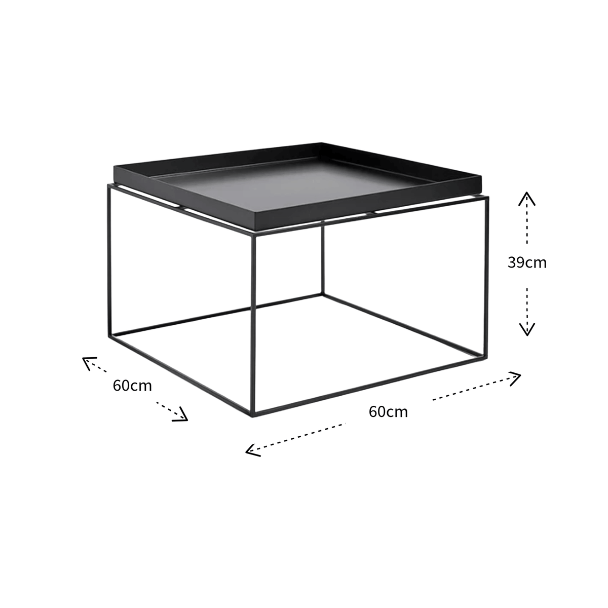 Black square coffee table with a tray top and open wireframe cube base, shown with dimension arrows and labels reading 60cm, 60cm, and 39cm on a white background.